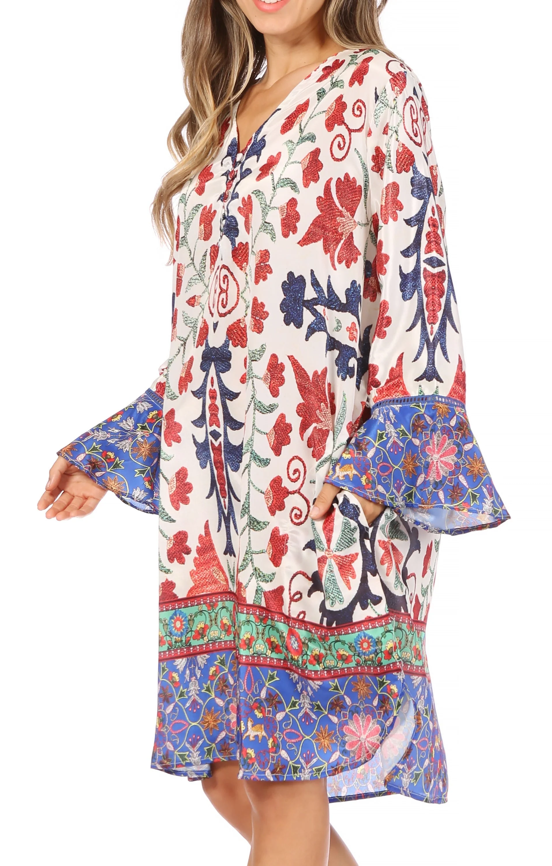 Sakkas Ximena Women's Floral Boho Cocktail Dress Tunic Cover-up V neck Summer - Image 53