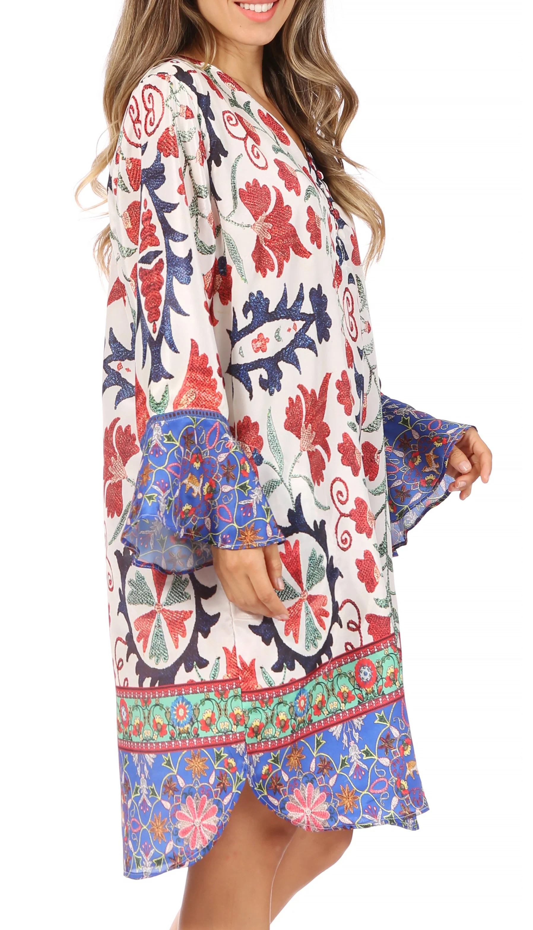 Sakkas Ximena Women's Floral Boho Cocktail Dress Tunic Cover-up V neck Summer - Image 54