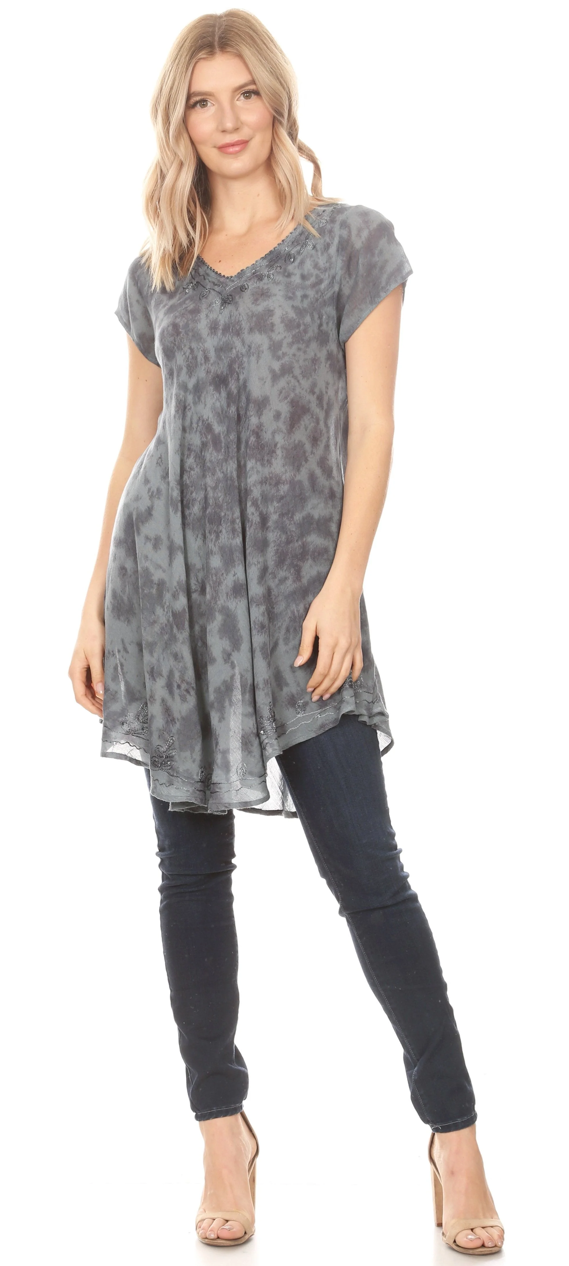 Sakkas Xoana Women's Casual Cap Sleeve V-neck Flare Loose Boho Swing Short Dress - Image 20