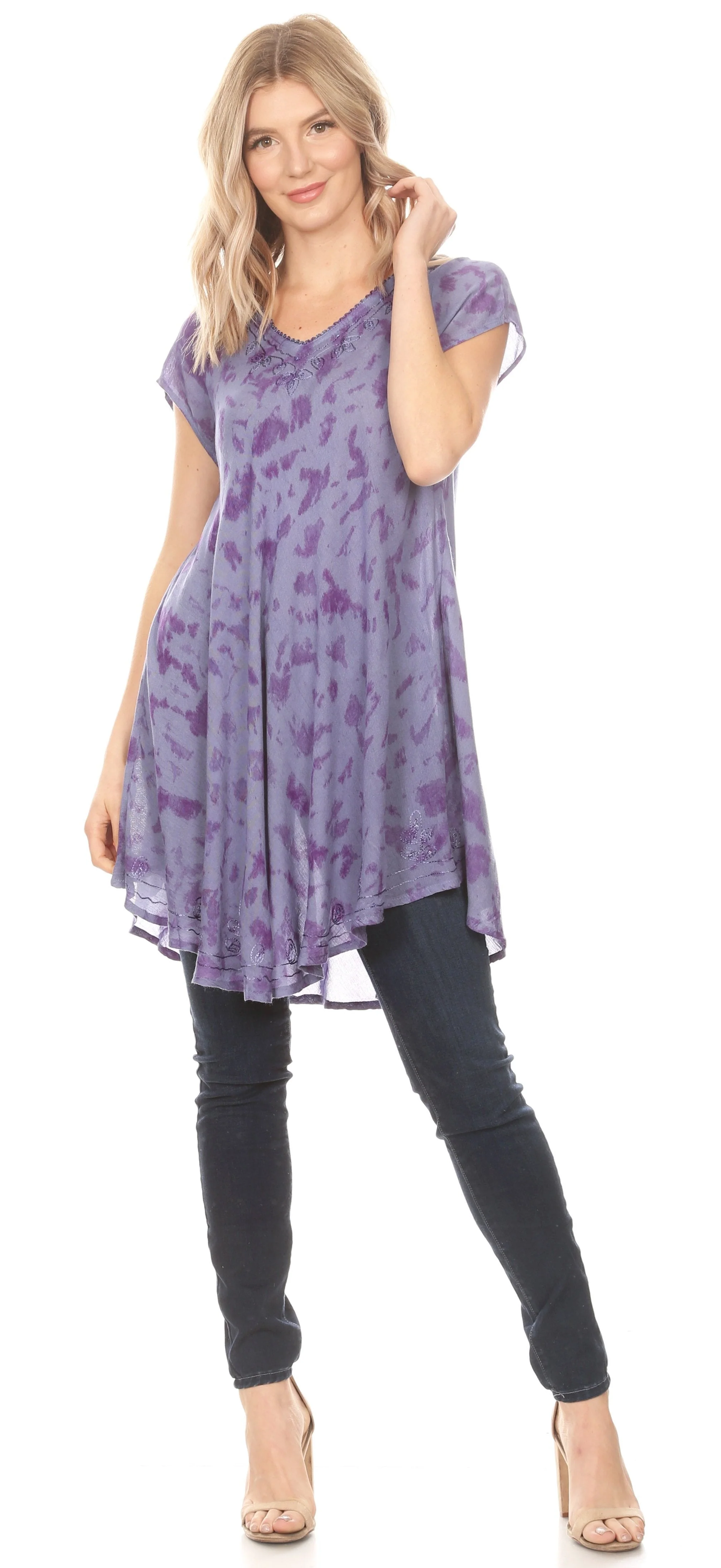 Sakkas Xoana Women's Casual Cap Sleeve V-neck Flare Loose Boho Swing Short Dress - Image 25