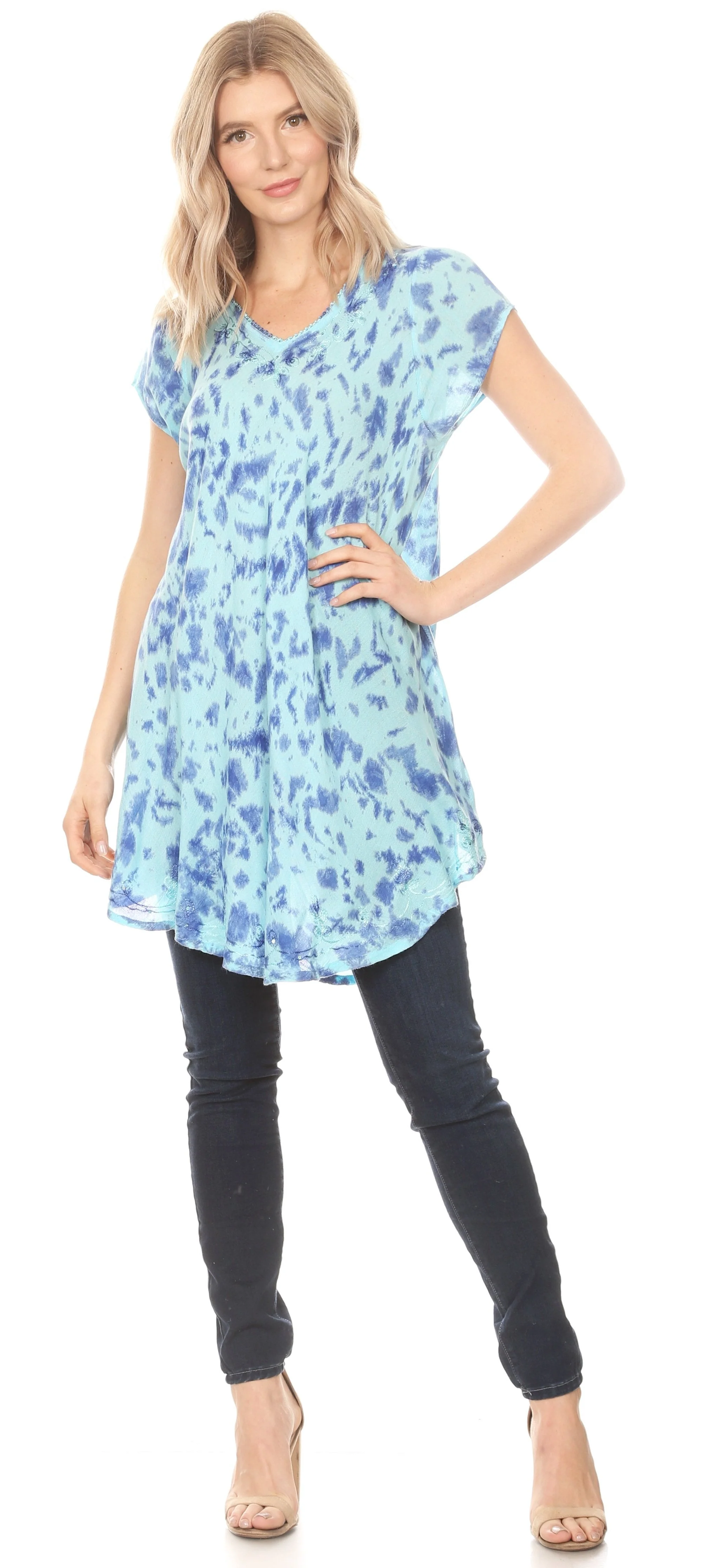Sakkas Xoana Women's Casual Cap Sleeve V-neck Flare Loose Boho Swing Short Dress - Image 30