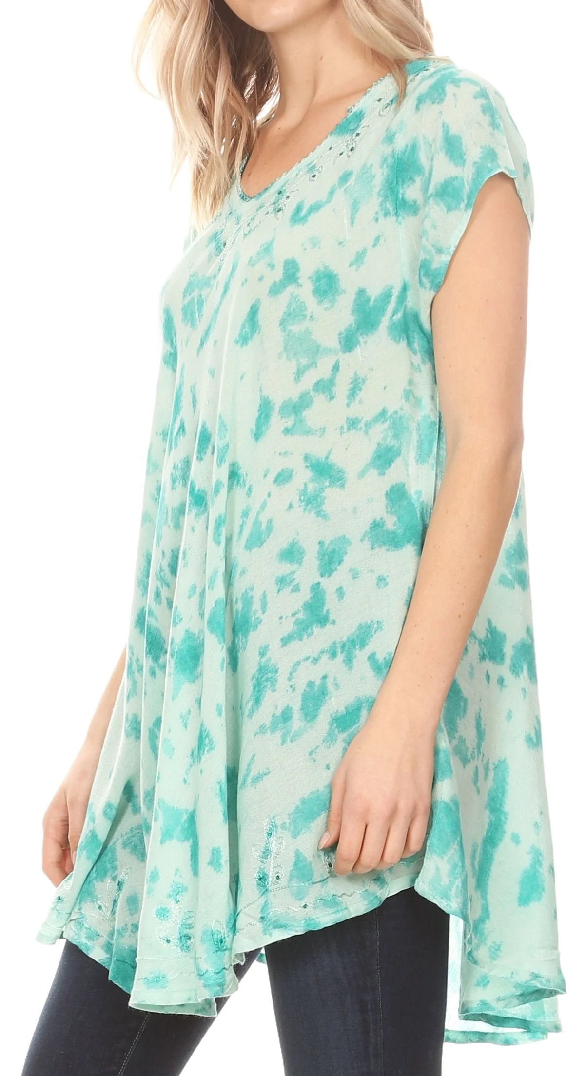 Sakkas Xoana Women's Casual Cap Sleeve V-neck Flare Loose Boho Swing Short Dress - Image 8