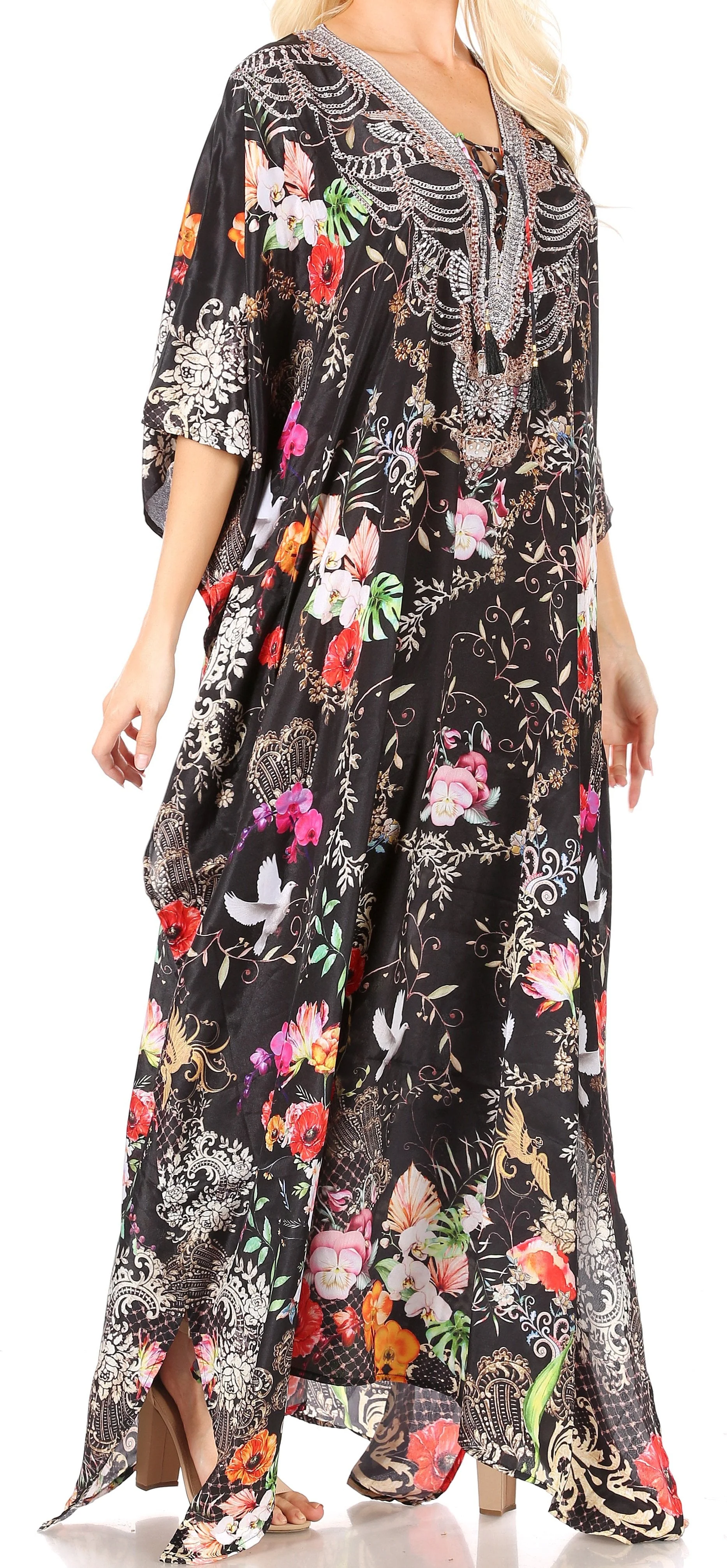 Sakkas Yeni Women's Short Sleeve V-neck Summer Floral Long Caftan Dress Cover-up - Image 103