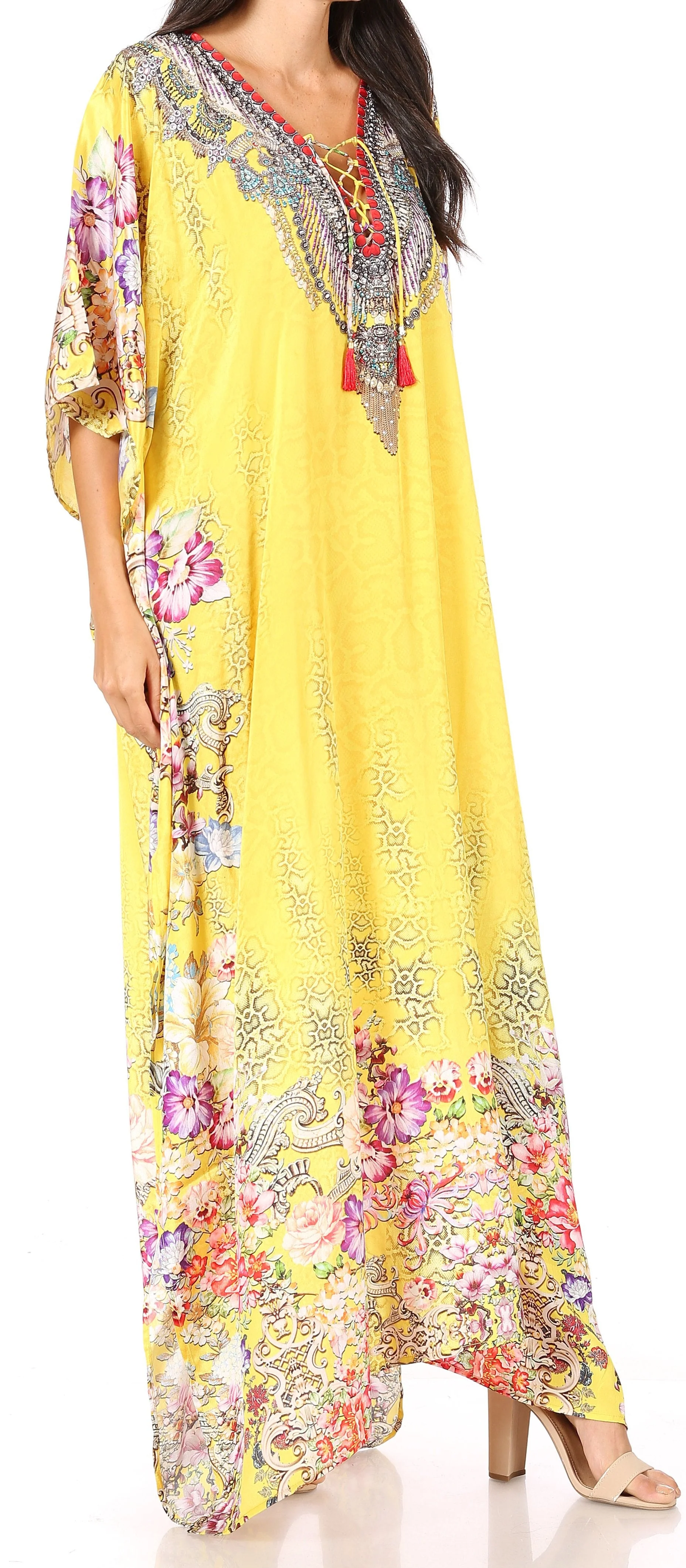 Sakkas Yeni Women's Short Sleeve V-neck Summer Floral Long Caftan Dress Cover-up - Image 107