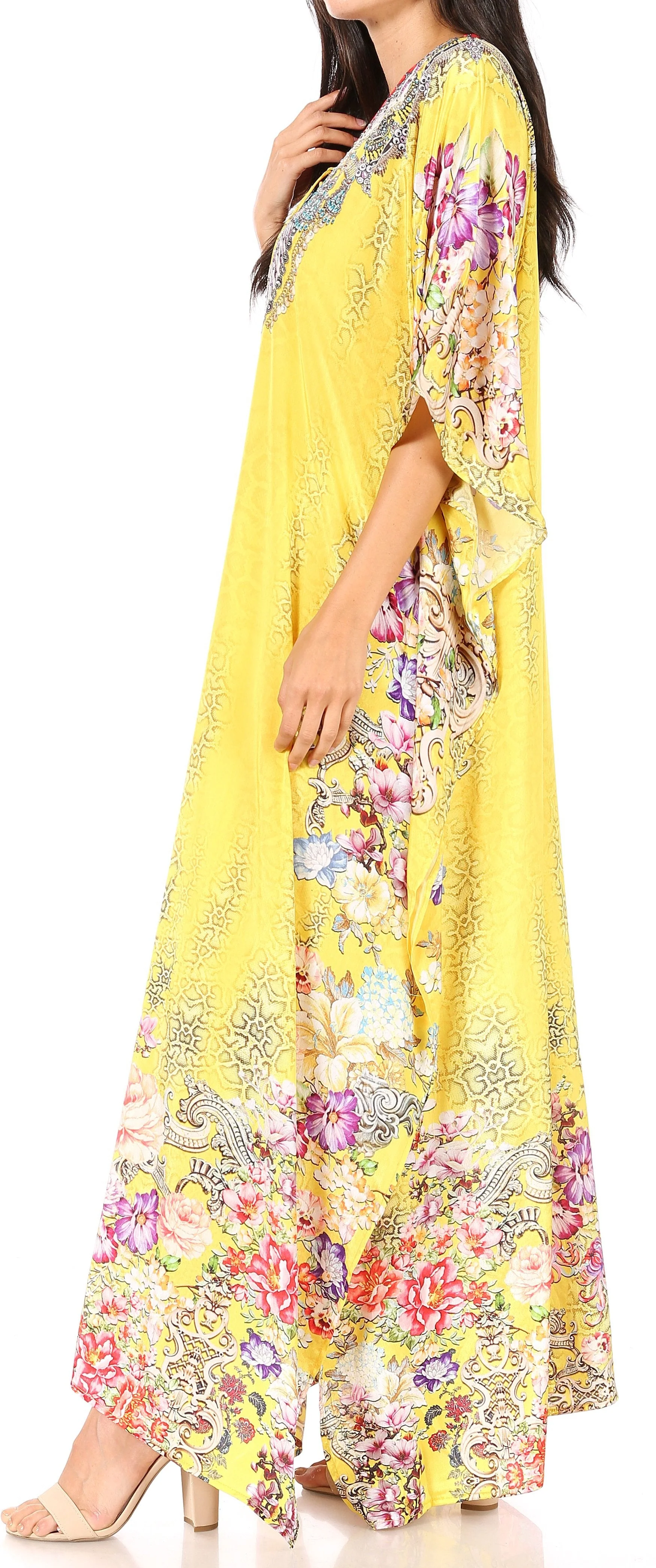 Sakkas Yeni Women's Short Sleeve V-neck Summer Floral Long Caftan Dress Cover-up - Image 108