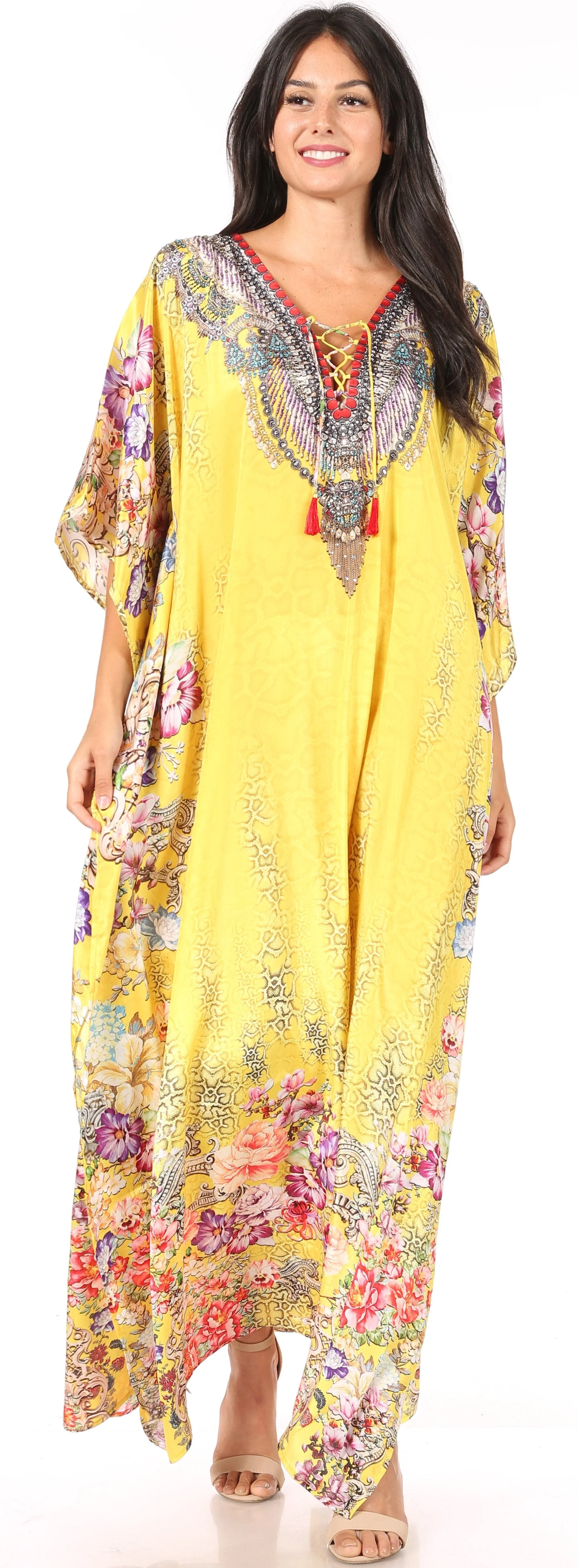 Sakkas Yeni Women's Short Sleeve V-neck Summer Floral Long Caftan Dress Cover-up - Image 109