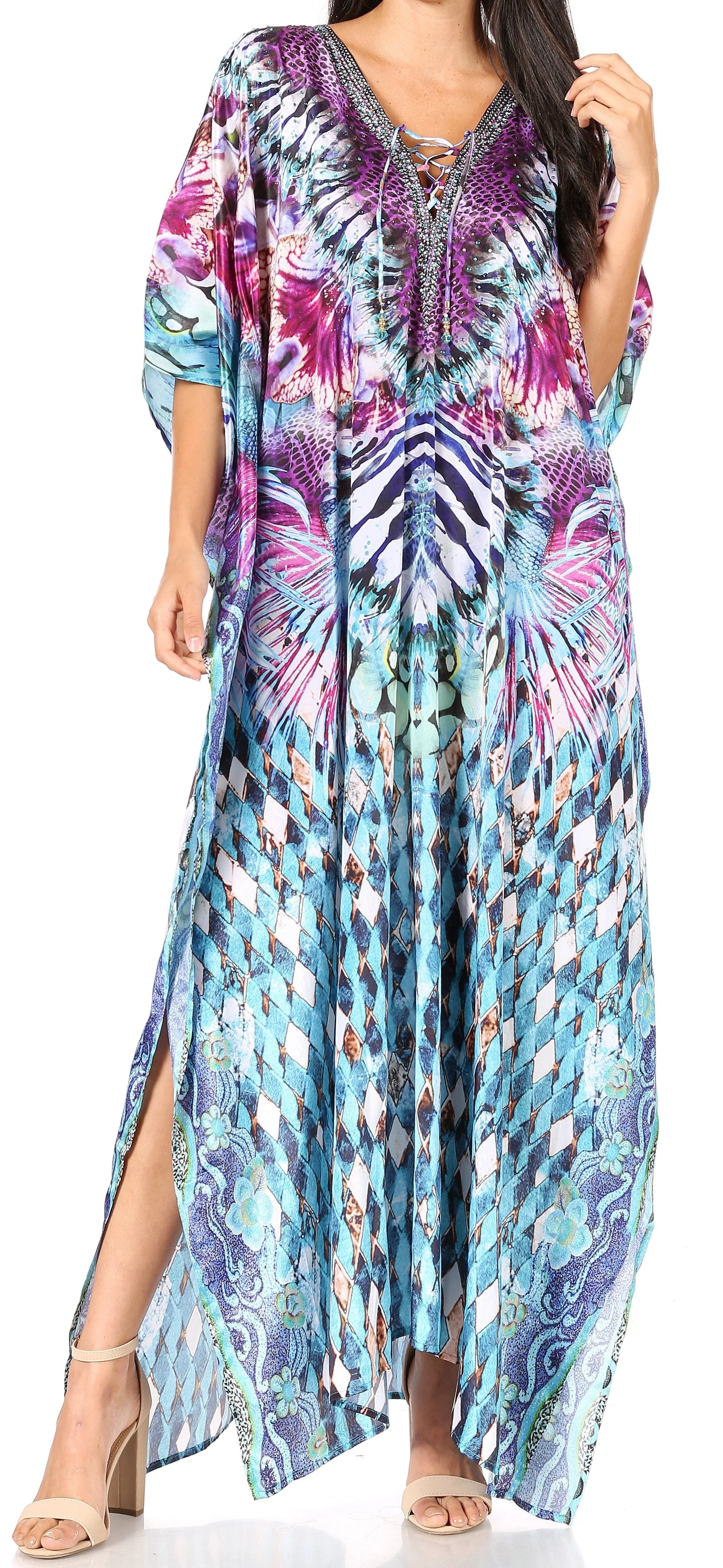 Sakkas Yeni Women's Short Sleeve V-neck Summer Floral Long Caftan Dress Cover-up - Image 11
