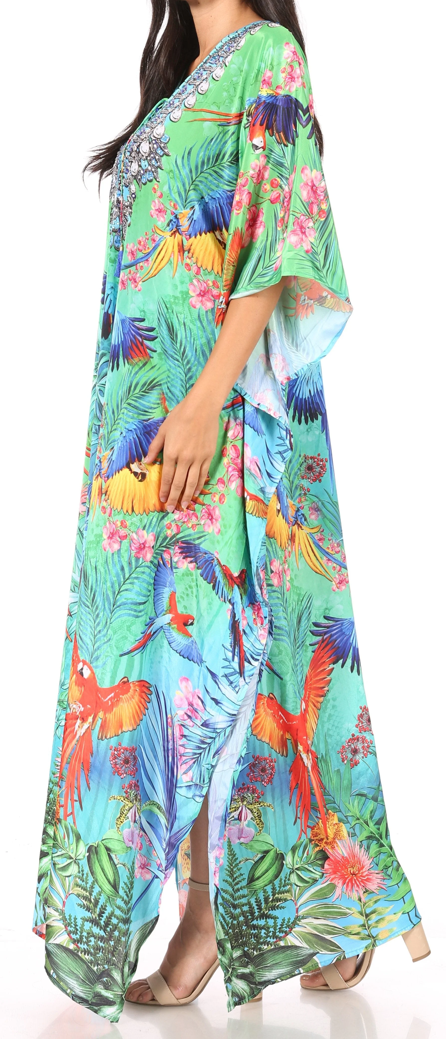 Sakkas Yeni Women's Short Sleeve V-neck Summer Floral Long Caftan Dress Cover-up - Image 113