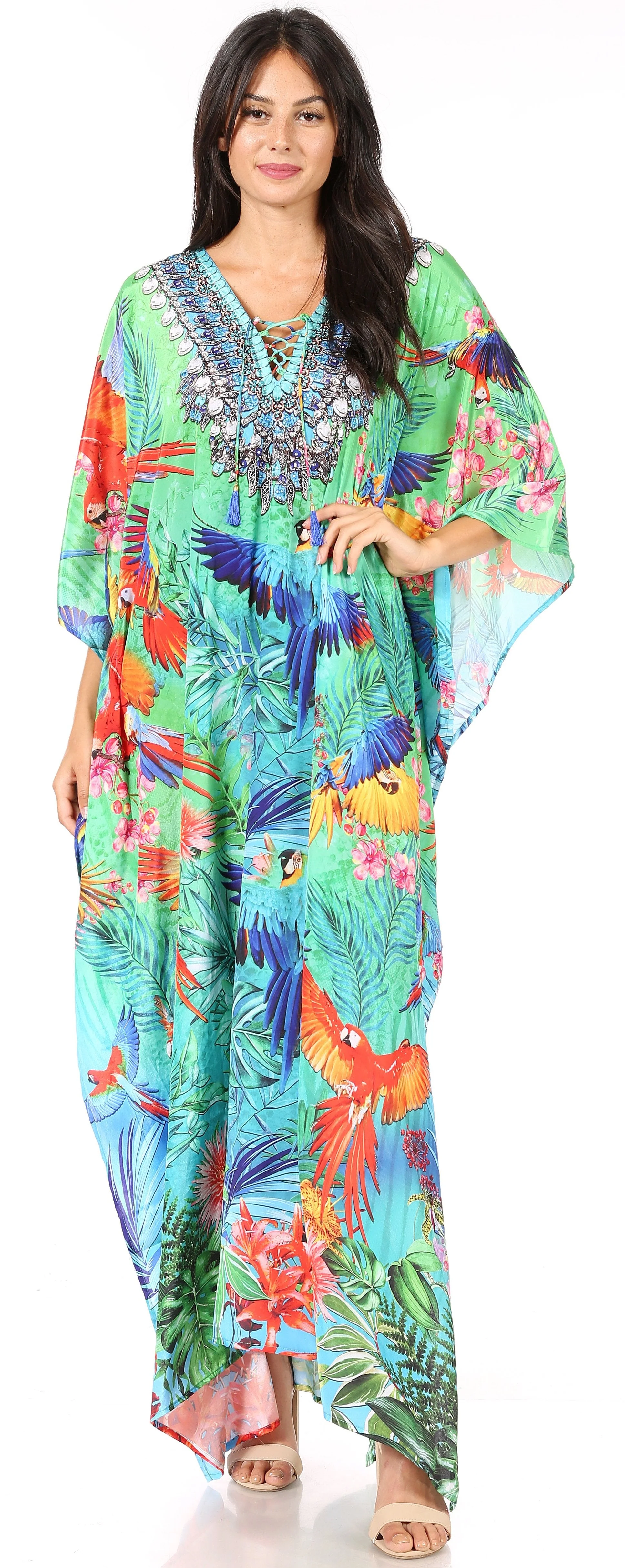 Sakkas Yeni Women's Short Sleeve V-neck Summer Floral Long Caftan Dress Cover-up - Image 114