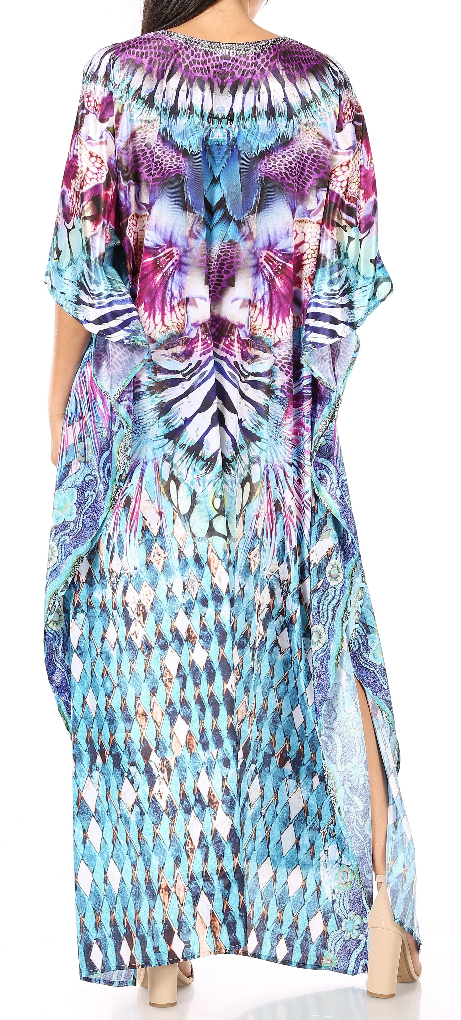 Sakkas Yeni Women's Short Sleeve V-neck Summer Floral Long Caftan Dress Cover-up - Image 12