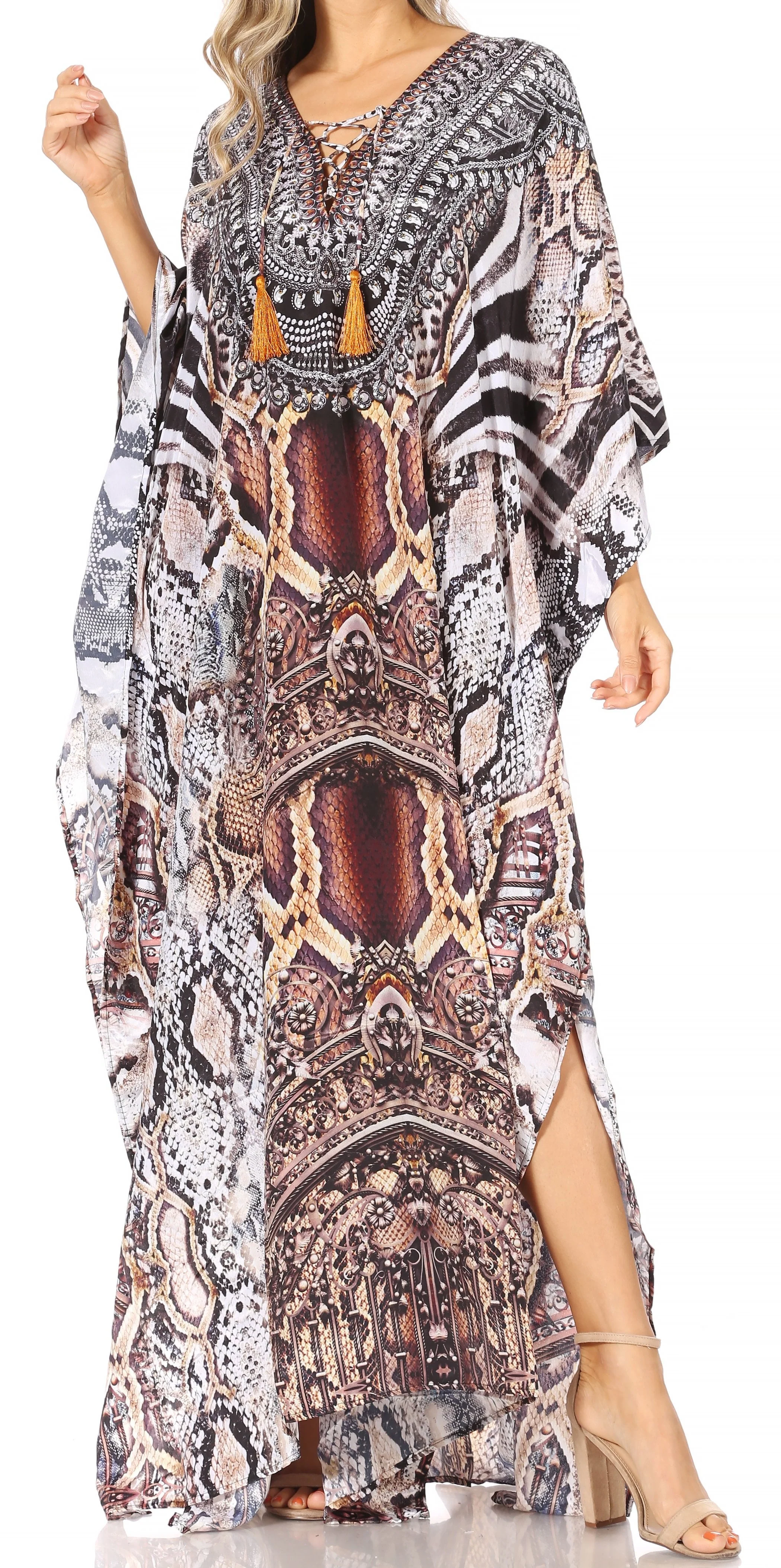 Sakkas Yeni Women's Short Sleeve V-neck Summer Floral Long Caftan Dress Cover-up - Image 120