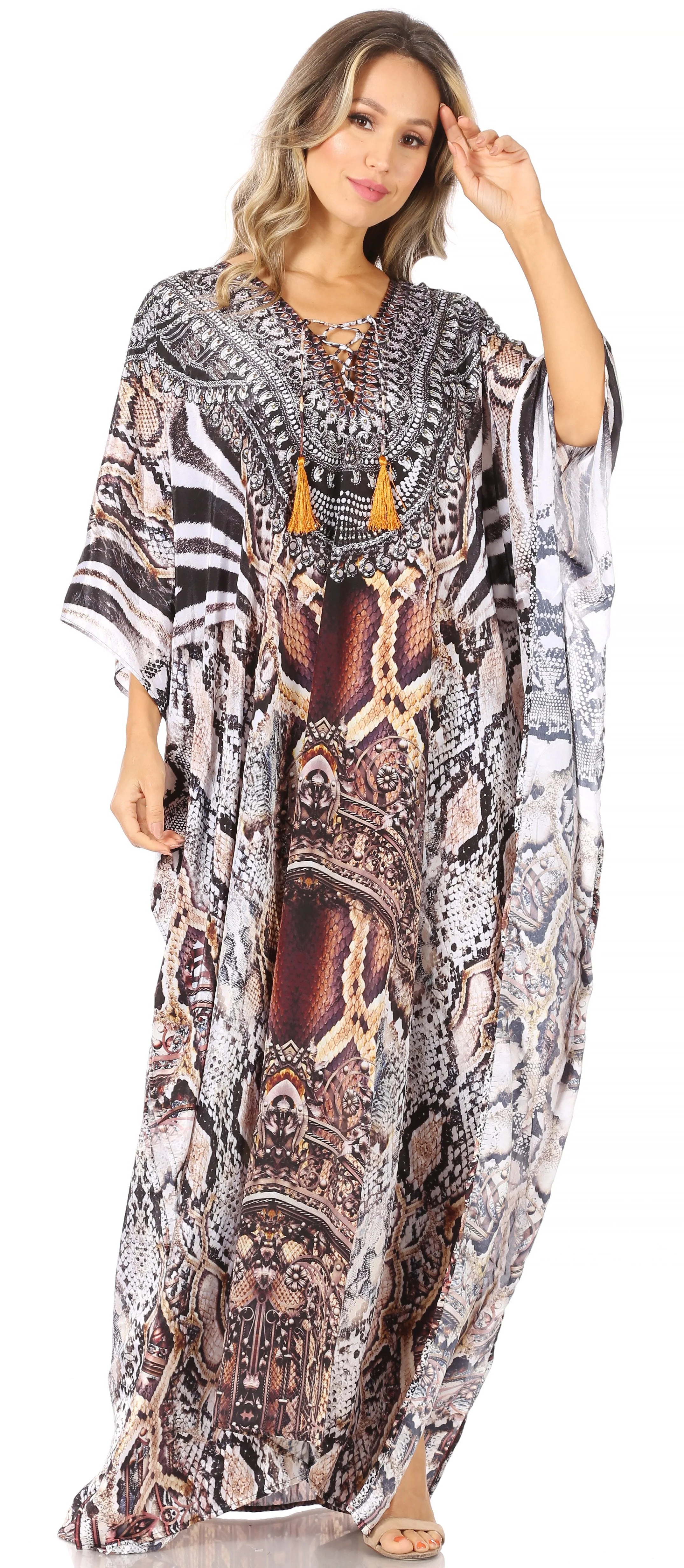 Sakkas Yeni Women's Short Sleeve V-neck Summer Floral Long Caftan Dress Cover-up - Image 124