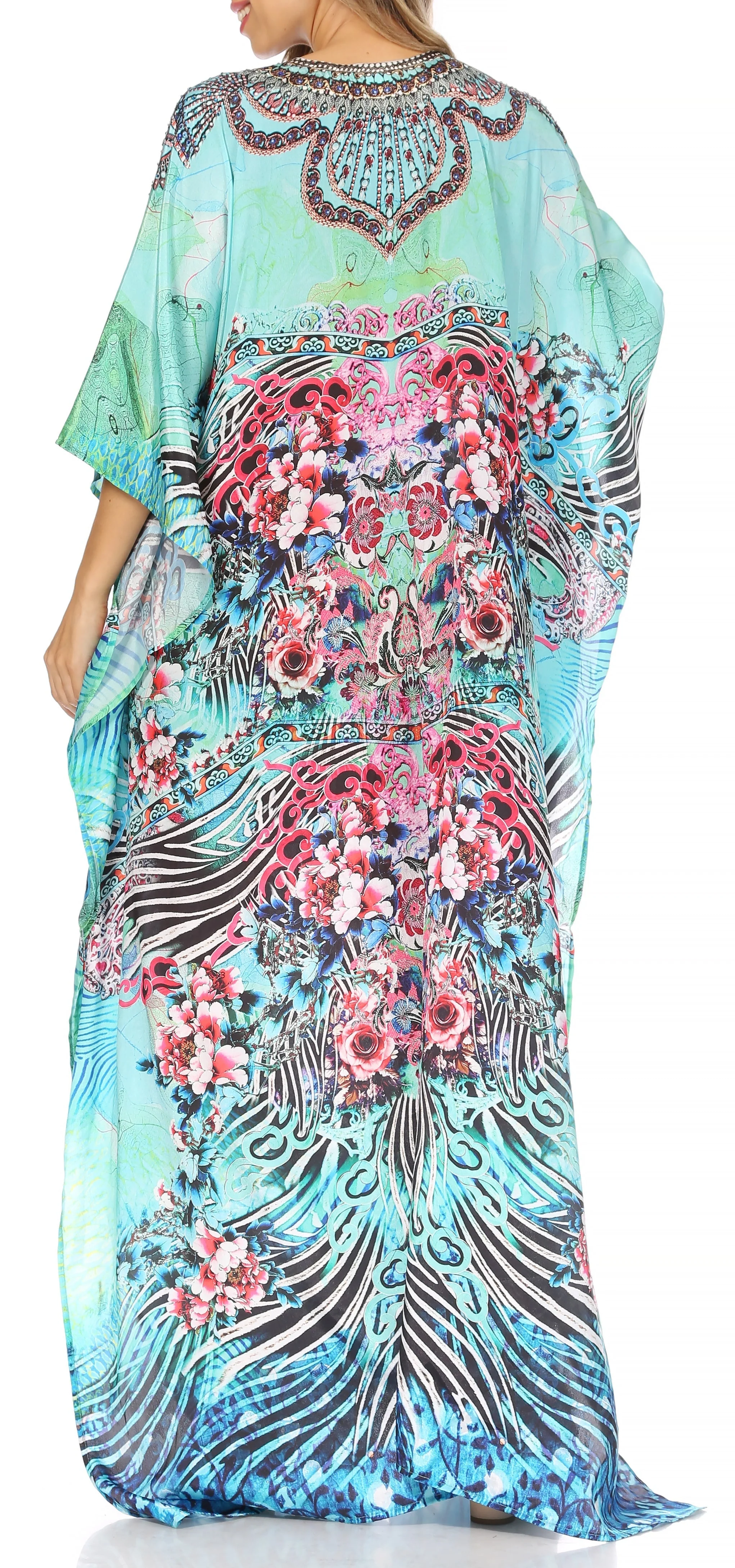 Sakkas Yeni Women's Short Sleeve V-neck Summer Floral Long Caftan Dress Cover-up - Image 126