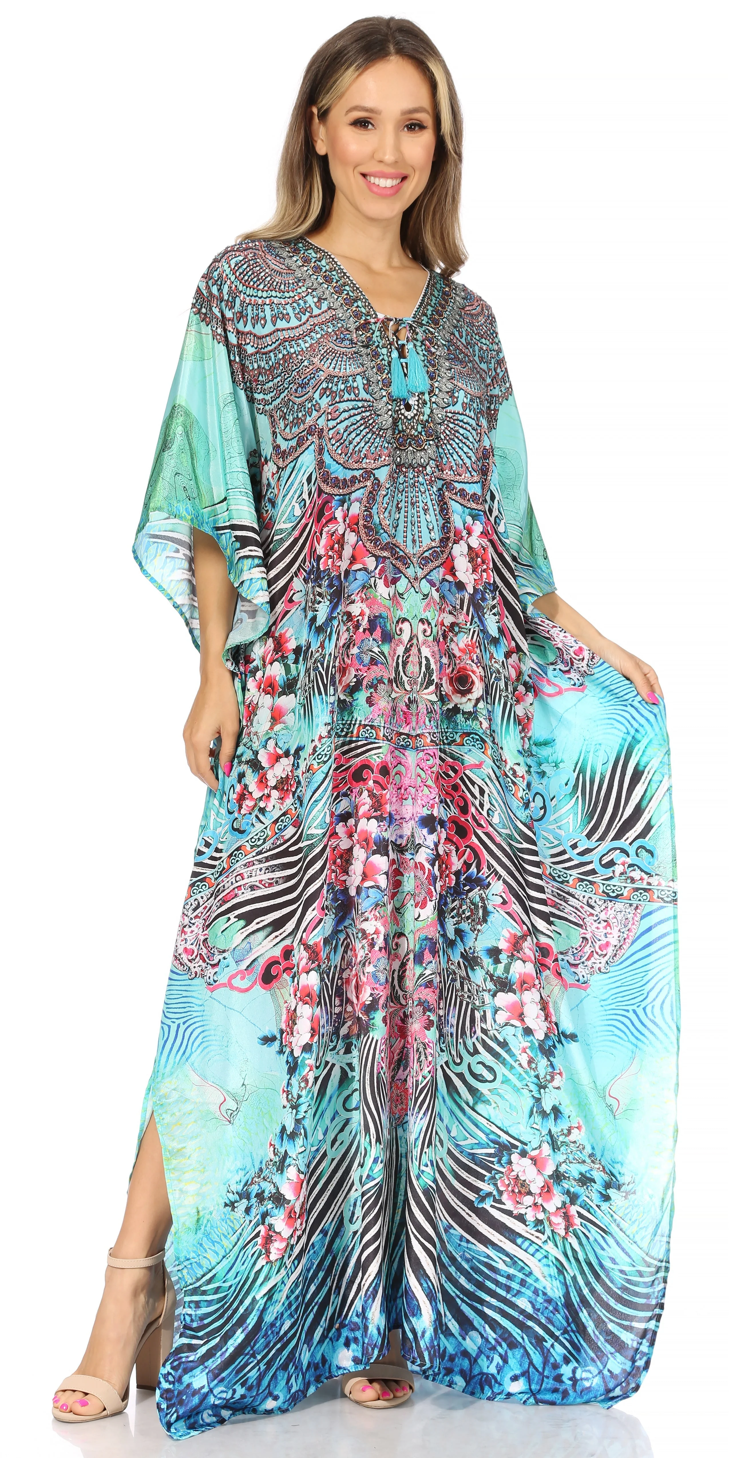 Sakkas Yeni Women's Short Sleeve V-neck Summer Floral Long Caftan Dress Cover-up - Image 129