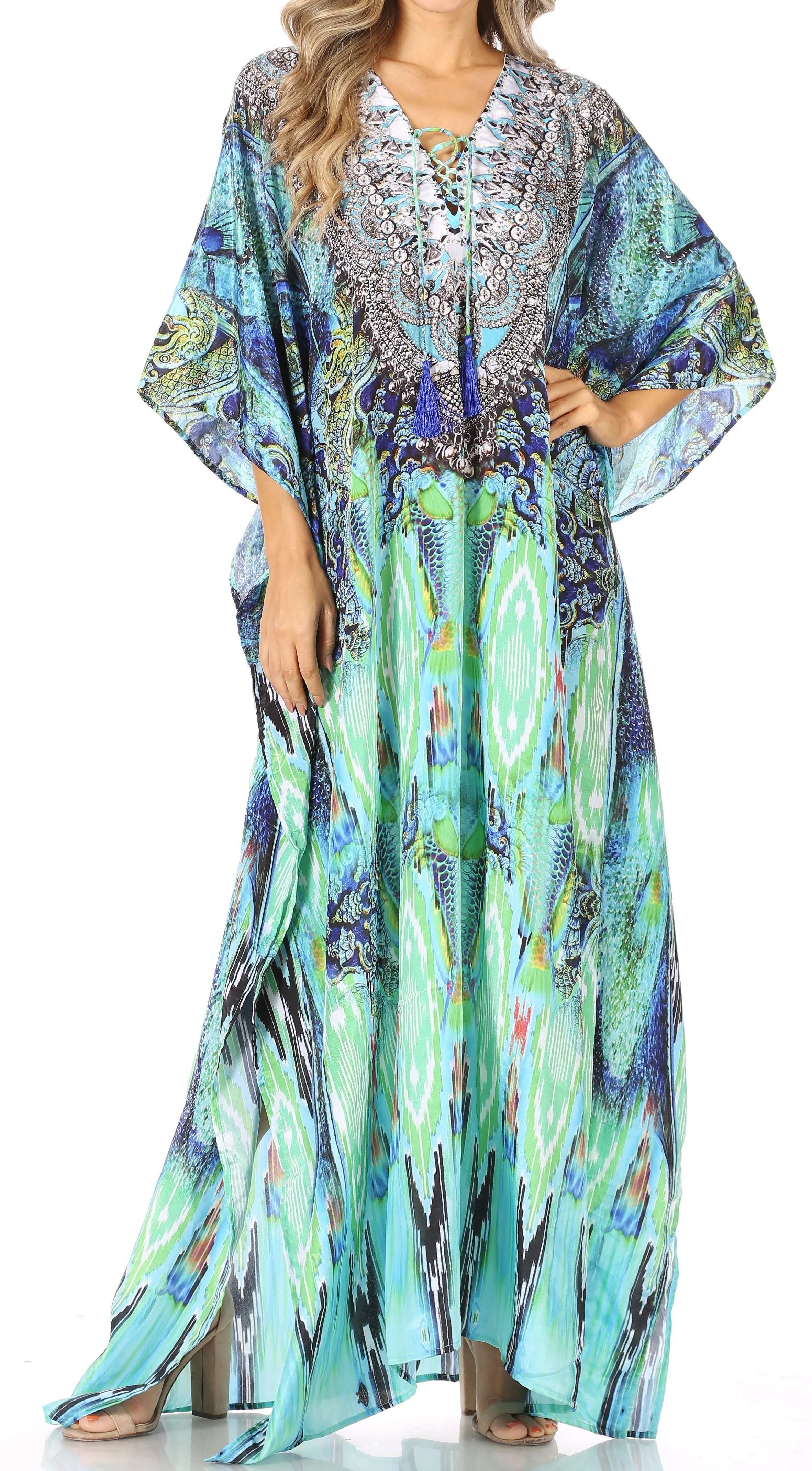 Sakkas Yeni Women's Short Sleeve V-neck Summer Floral Long Caftan Dress Cover-up - Image 135