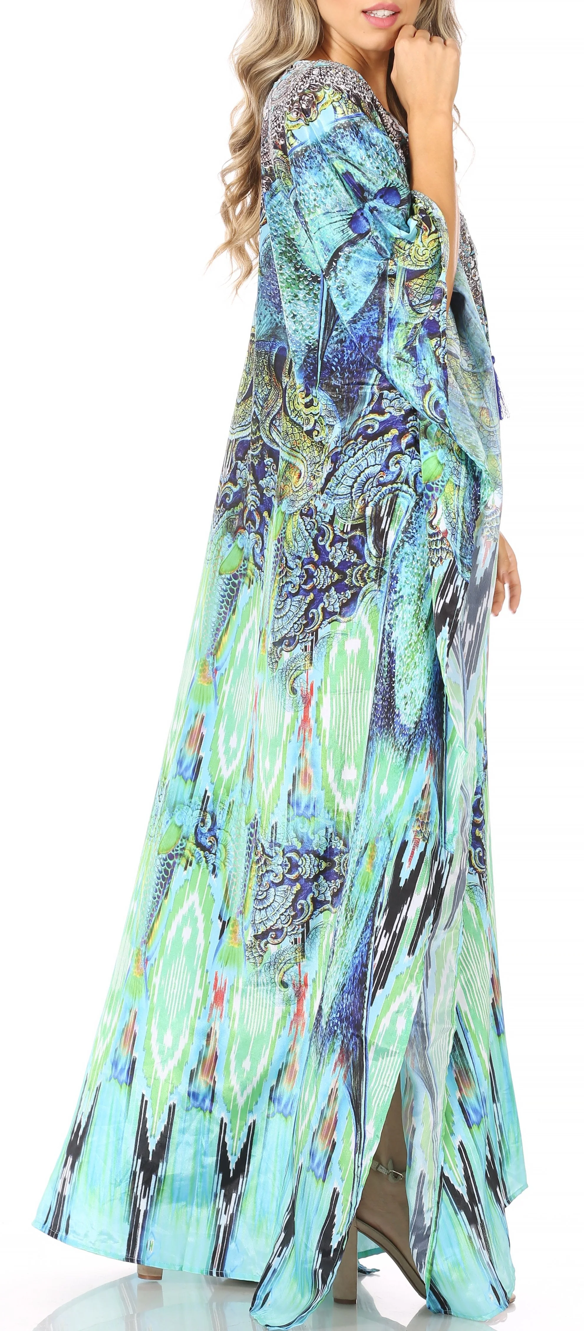 Sakkas Yeni Women's Short Sleeve V-neck Summer Floral Long Caftan Dress Cover-up - Image 137