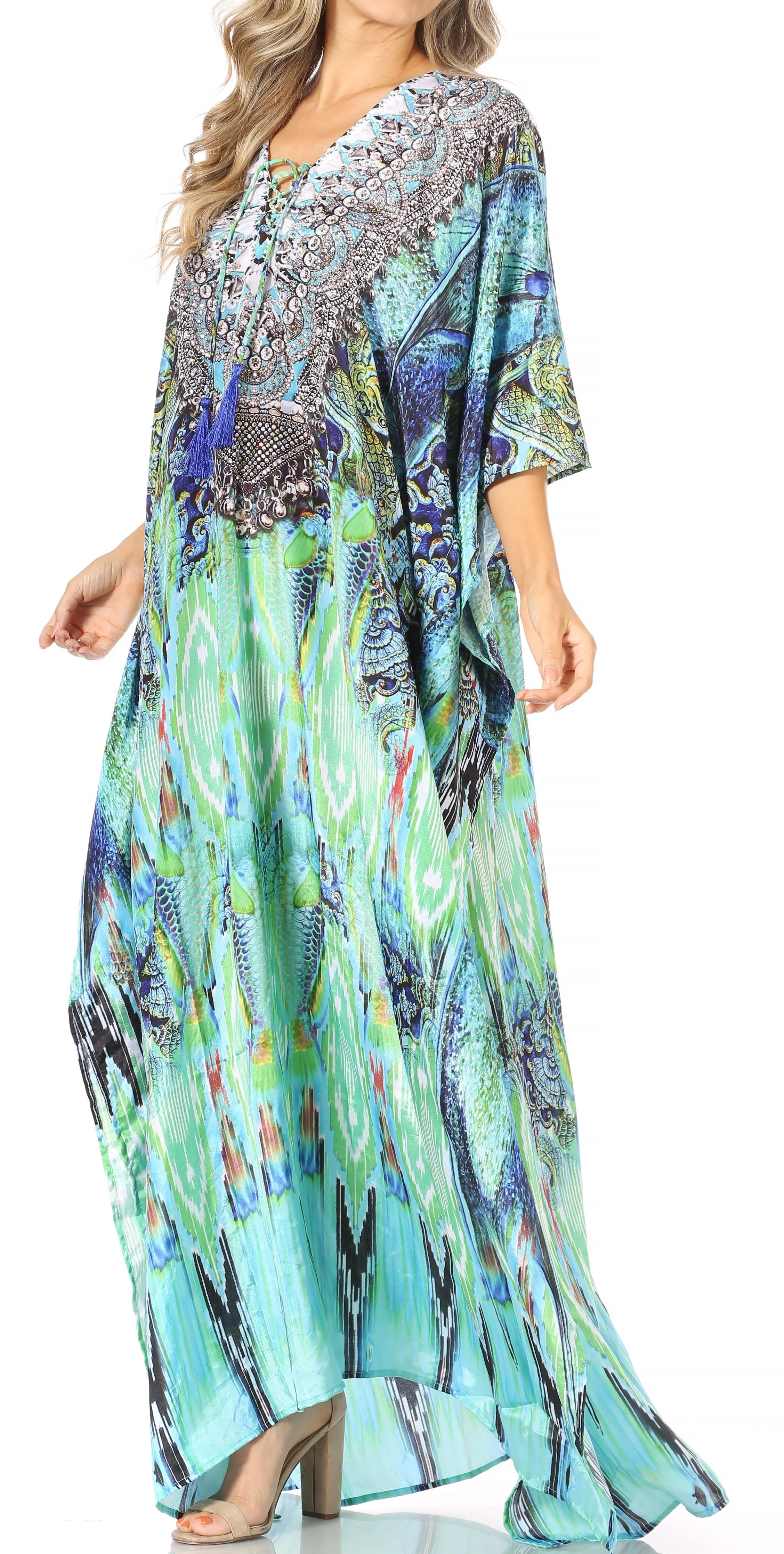 Sakkas Yeni Women's Short Sleeve V-neck Summer Floral Long Caftan Dress Cover-up - Image 138