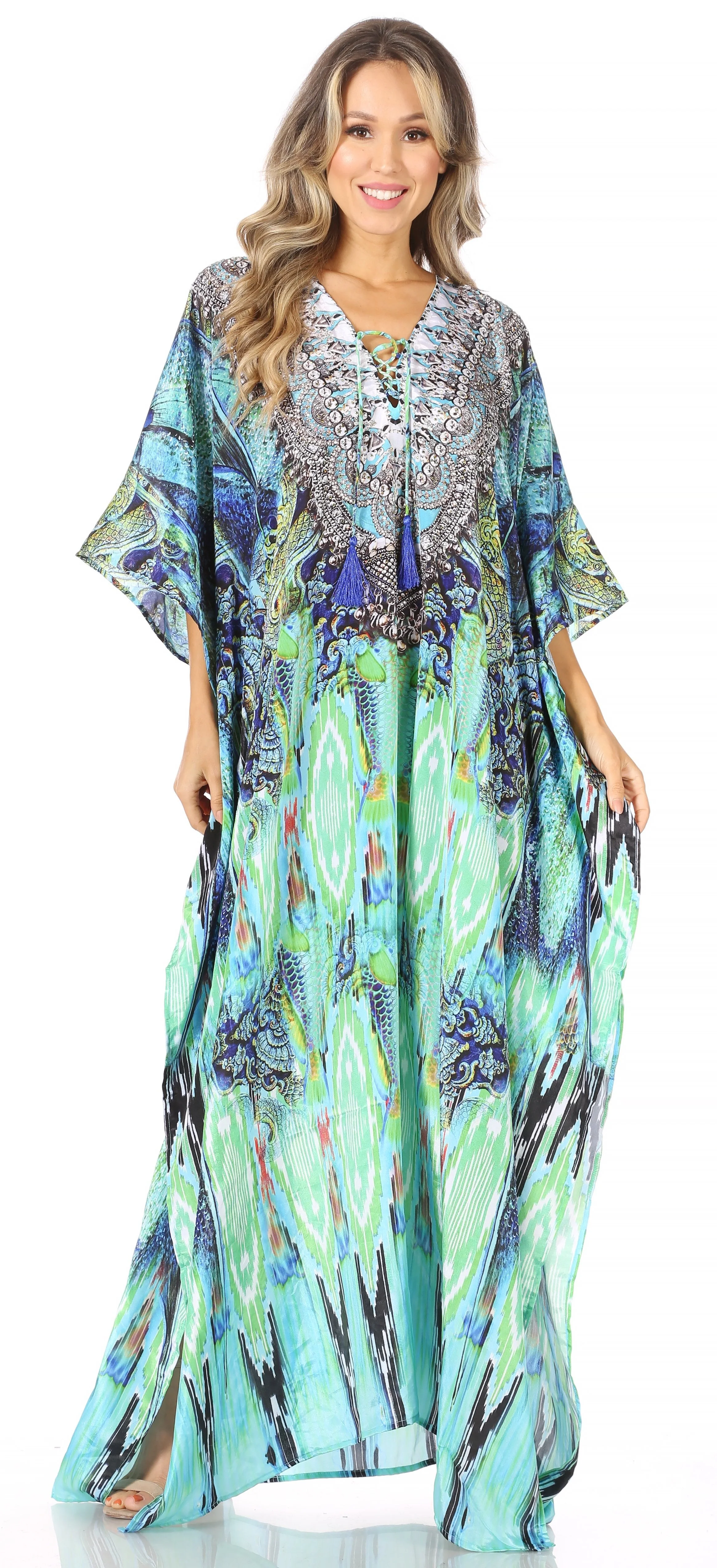 Sakkas Yeni Women's Short Sleeve V-neck Summer Floral Long Caftan Dress Cover-up - Image 139