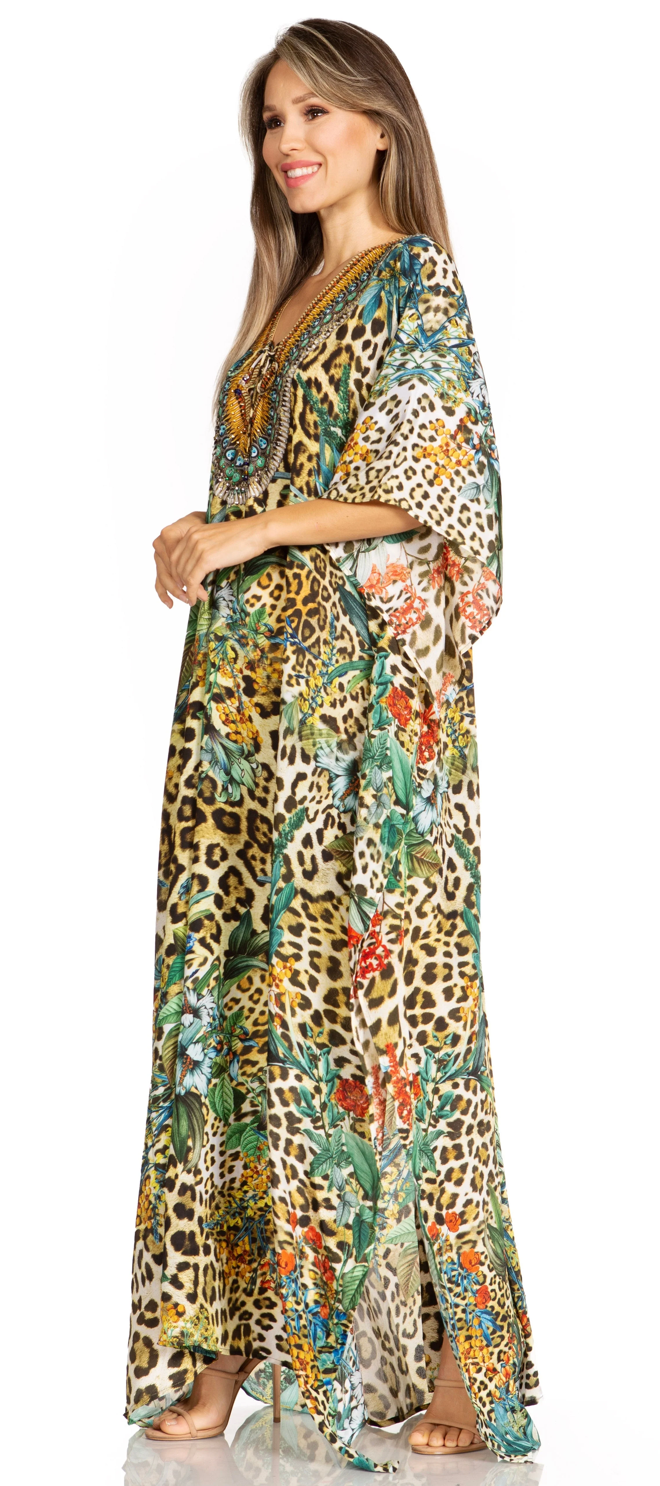 Sakkas Yeni Women's Short Sleeve V-neck Summer Floral Long Caftan Dress Cover-up - Image 142