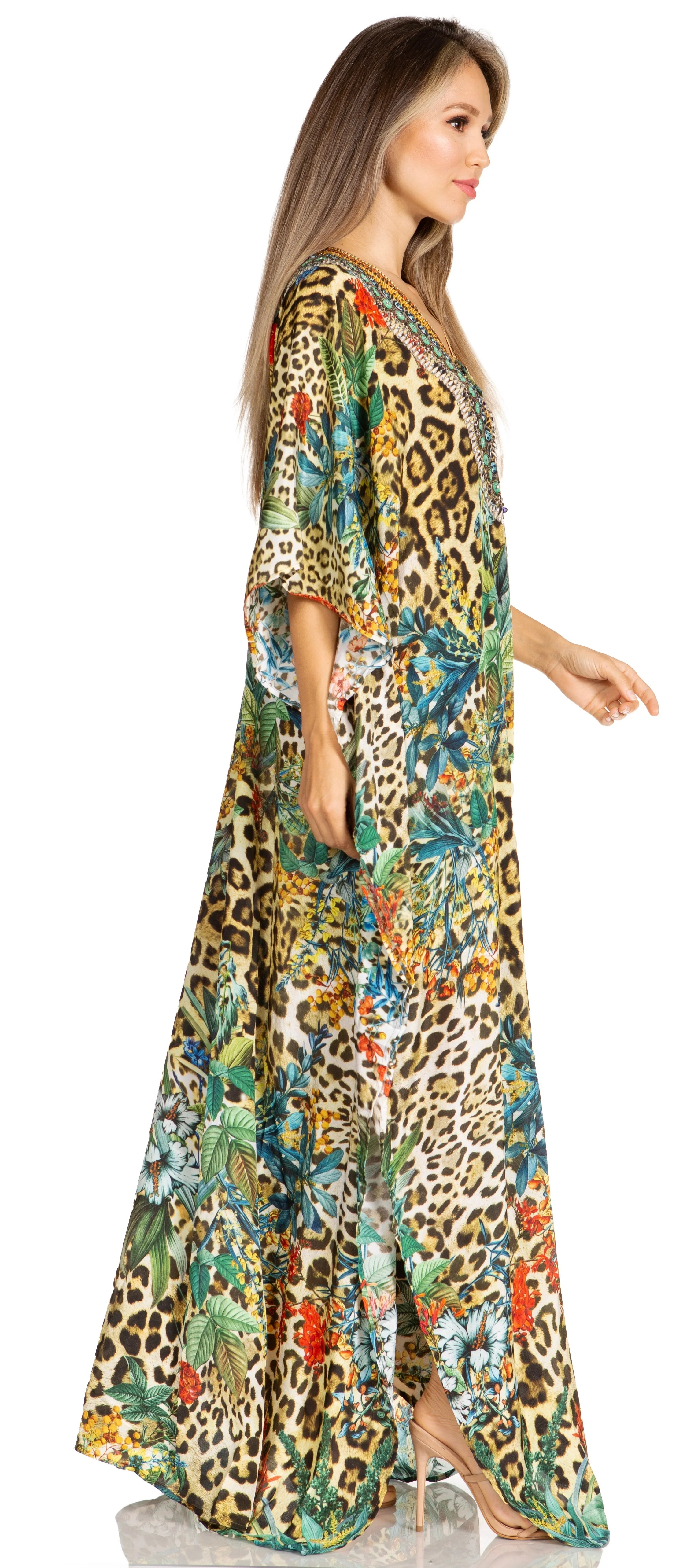Sakkas Yeni Women's Short Sleeve V-neck Summer Floral Long Caftan Dress Cover-up - Image 143