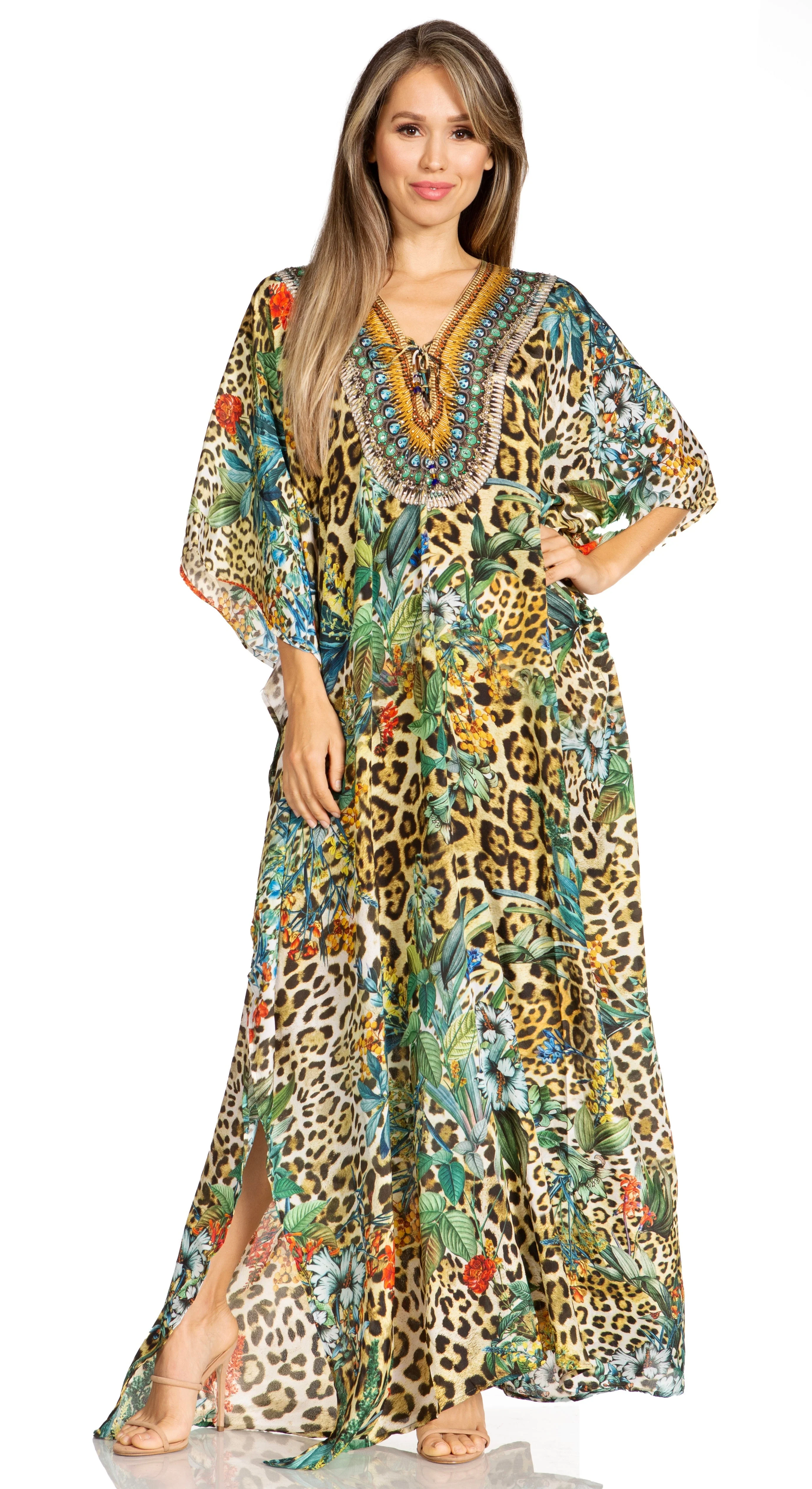 Sakkas Yeni Women's Short Sleeve V-neck Summer Floral Long Caftan Dress Cover-up - Image 144