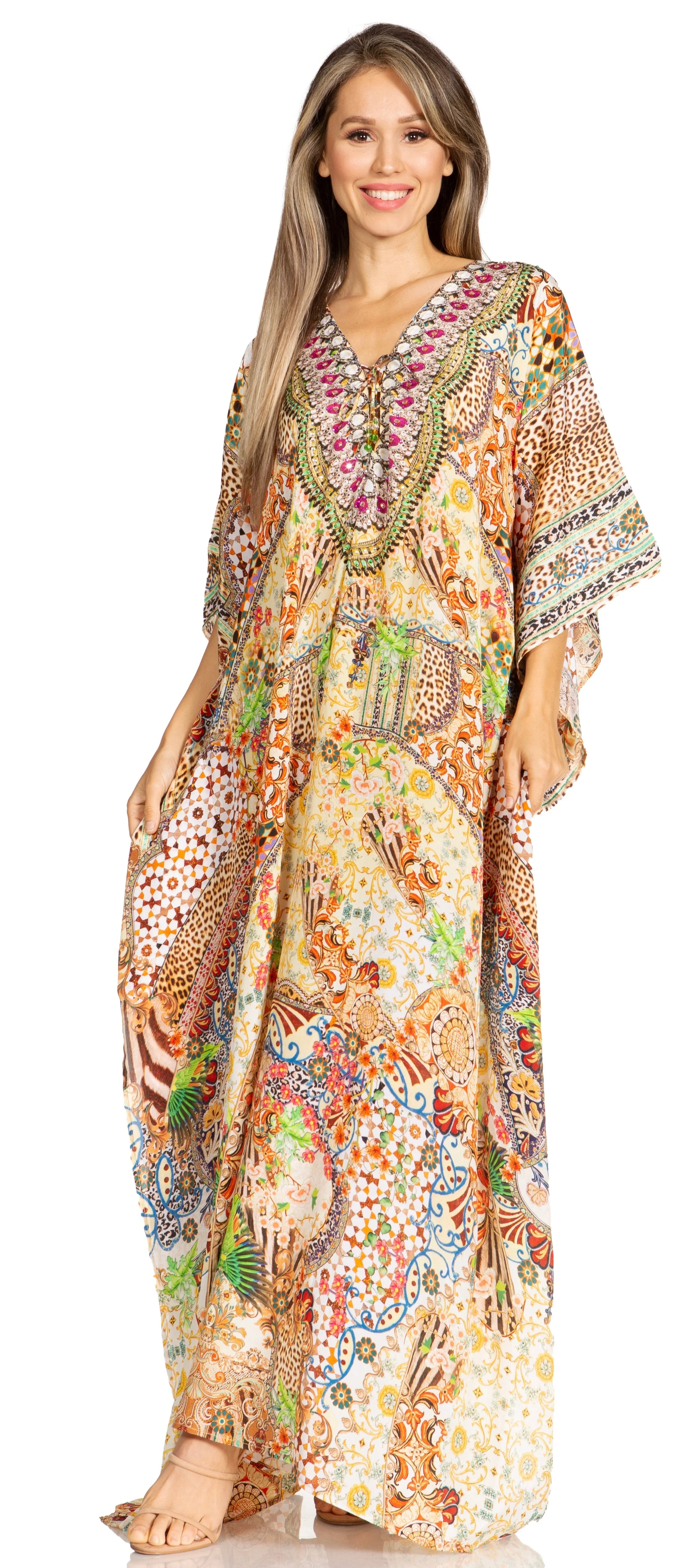 Sakkas Yeni Women's Short Sleeve V-neck Summer Floral Long Caftan Dress Cover-up - Image 145