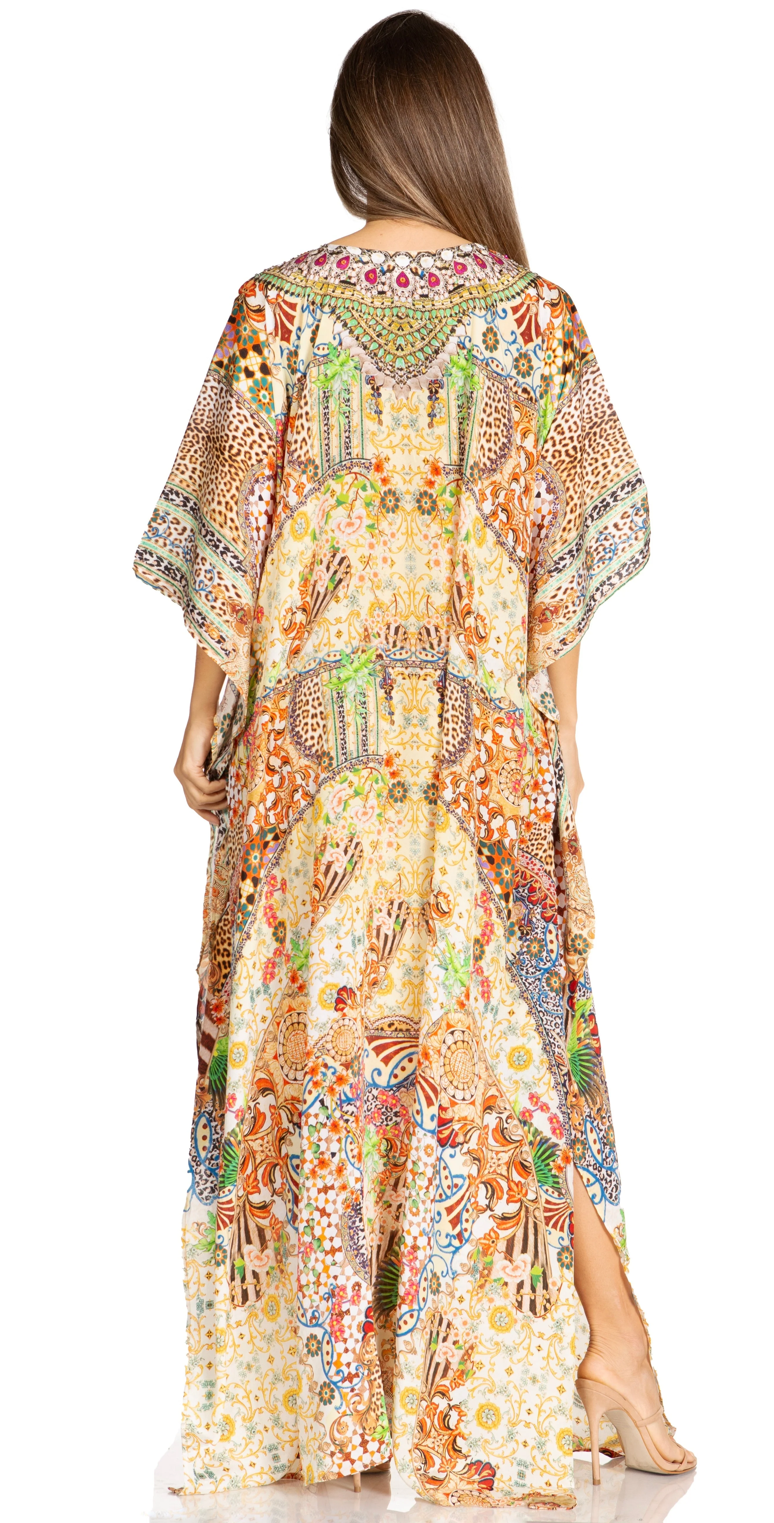 Sakkas Yeni Women's Short Sleeve V-neck Summer Floral Long Caftan Dress Cover-up - Image 146