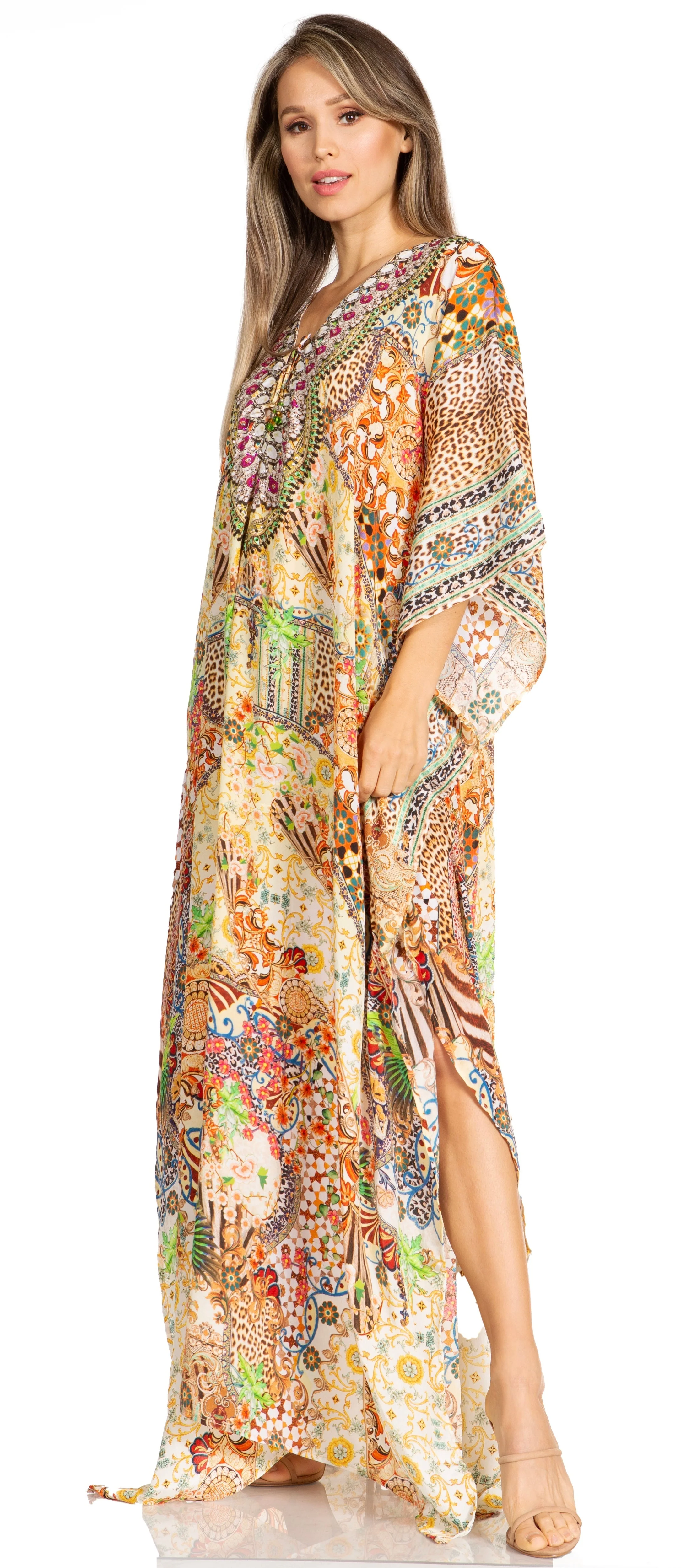 Sakkas Yeni Women's Short Sleeve V-neck Summer Floral Long Caftan Dress Cover-up - Image 147