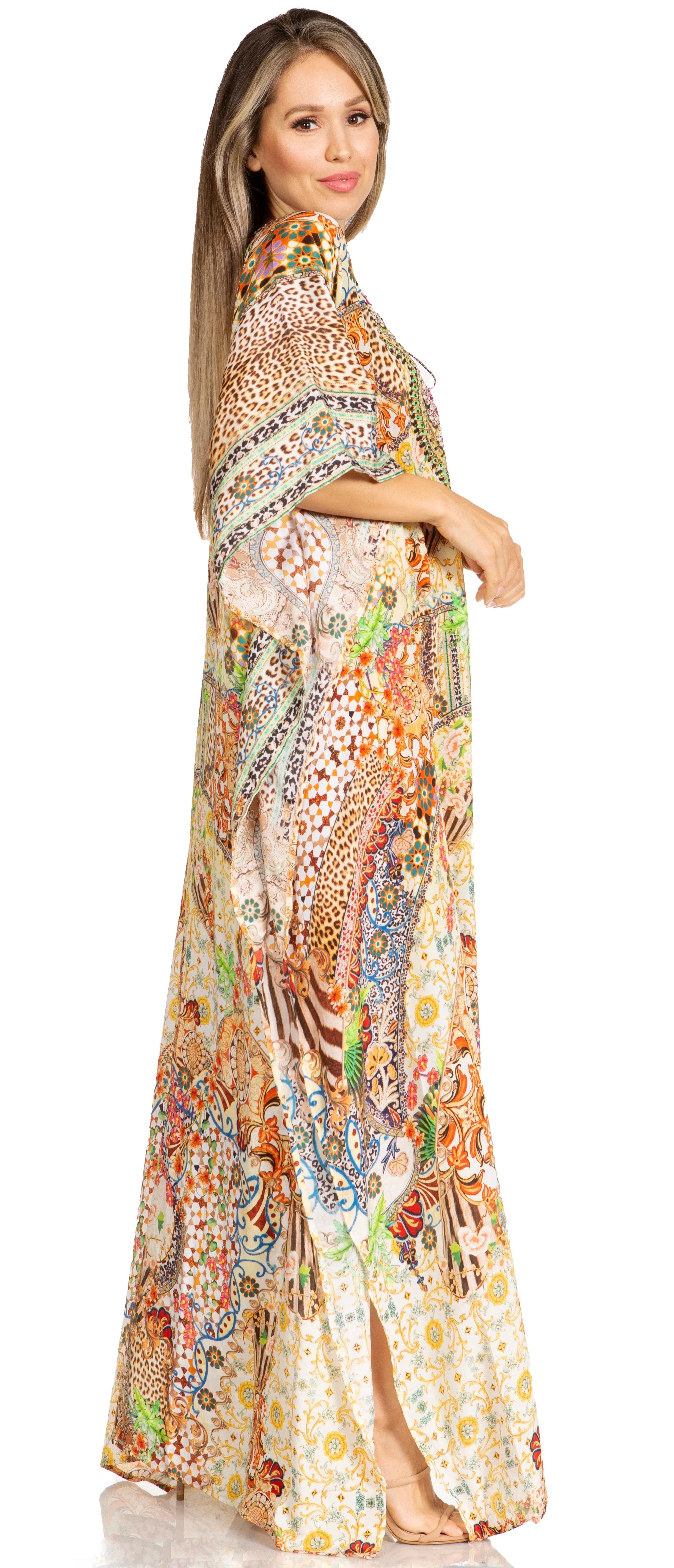 Sakkas Yeni Women's Short Sleeve V-neck Summer Floral Long Caftan Dress Cover-up - Image 148