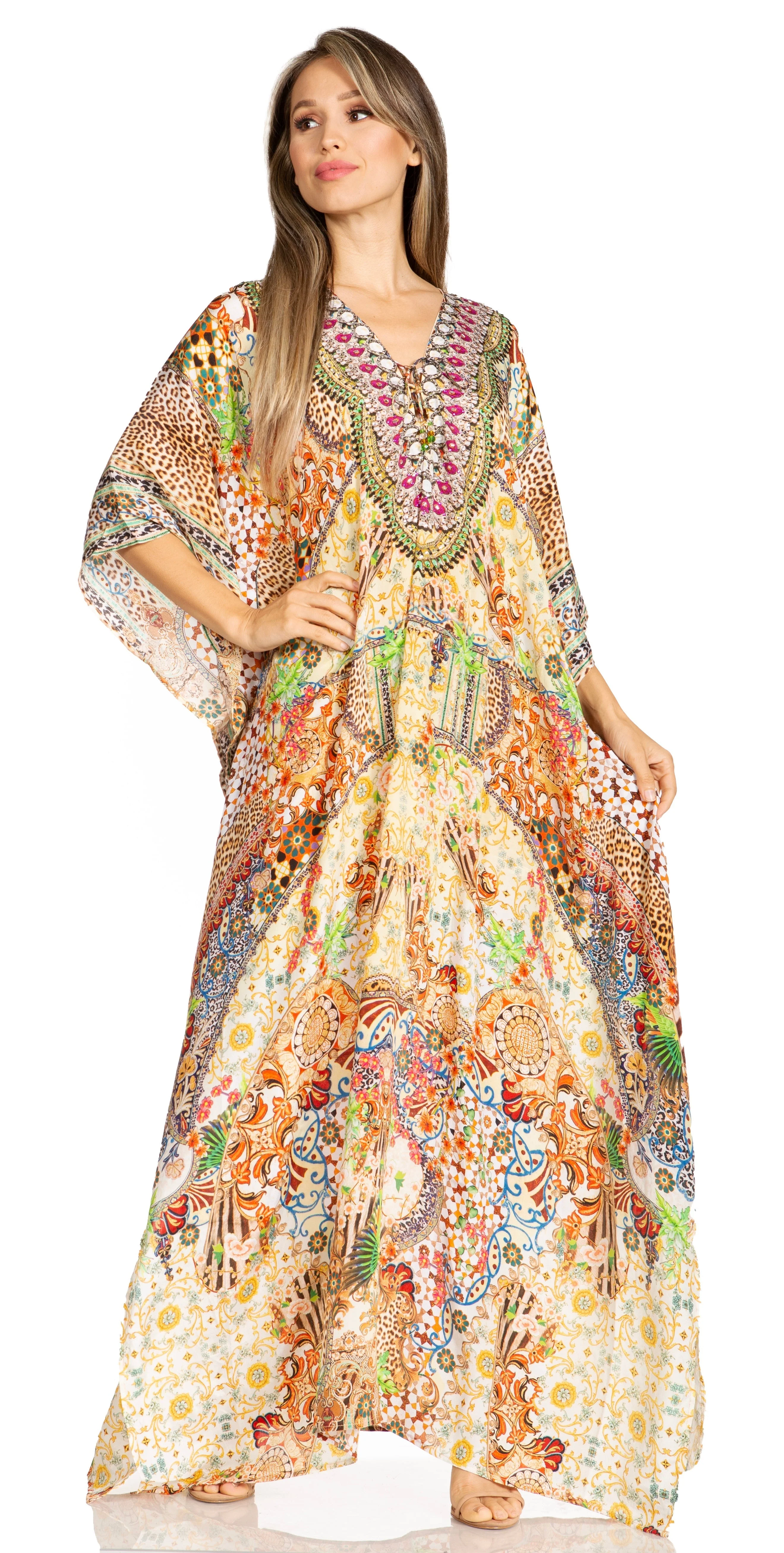 Sakkas Yeni Women's Short Sleeve V-neck Summer Floral Long Caftan Dress Cover-up - Image 149