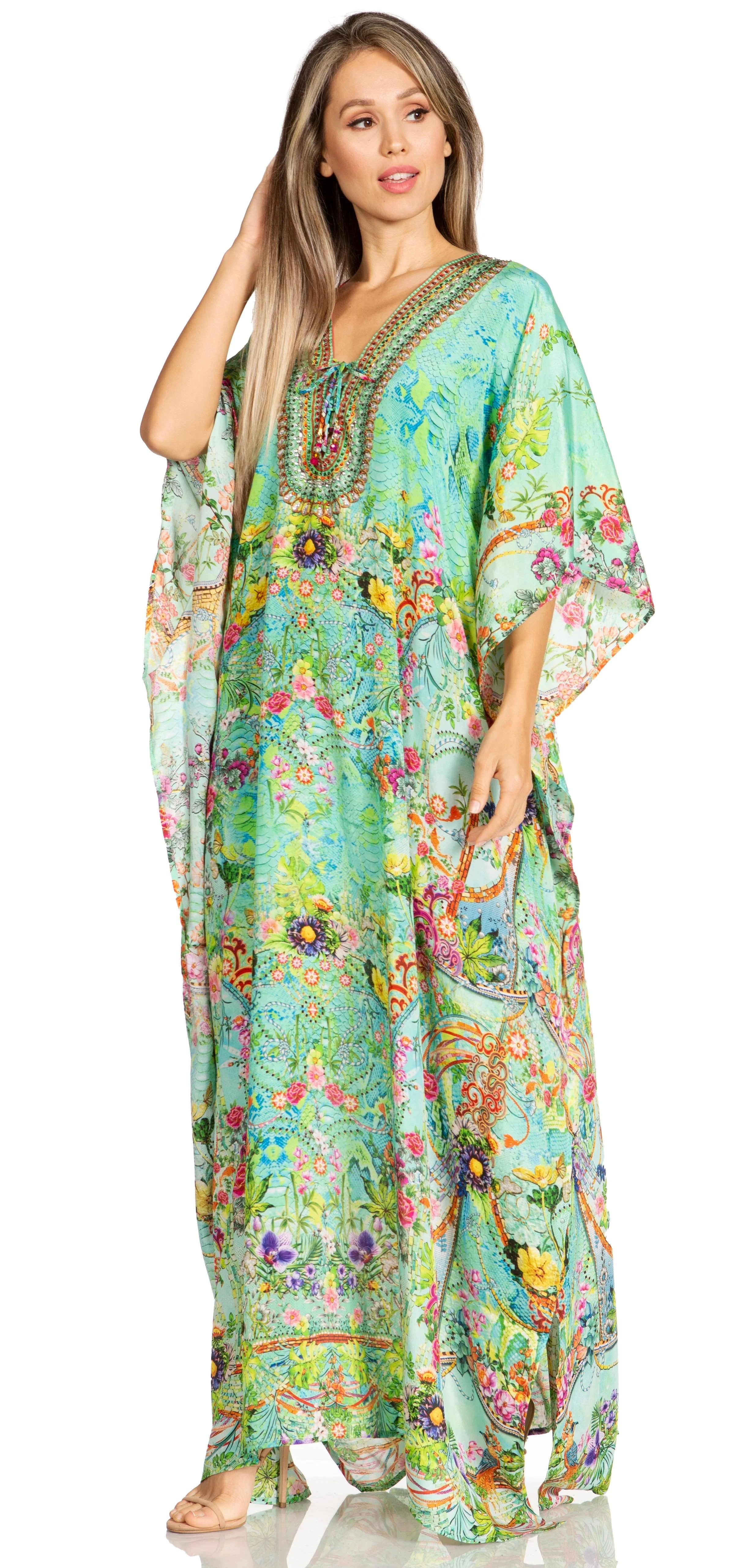 Sakkas Yeni Women's Short Sleeve V-neck Summer Floral Long Caftan Dress Cover-up - Image 152