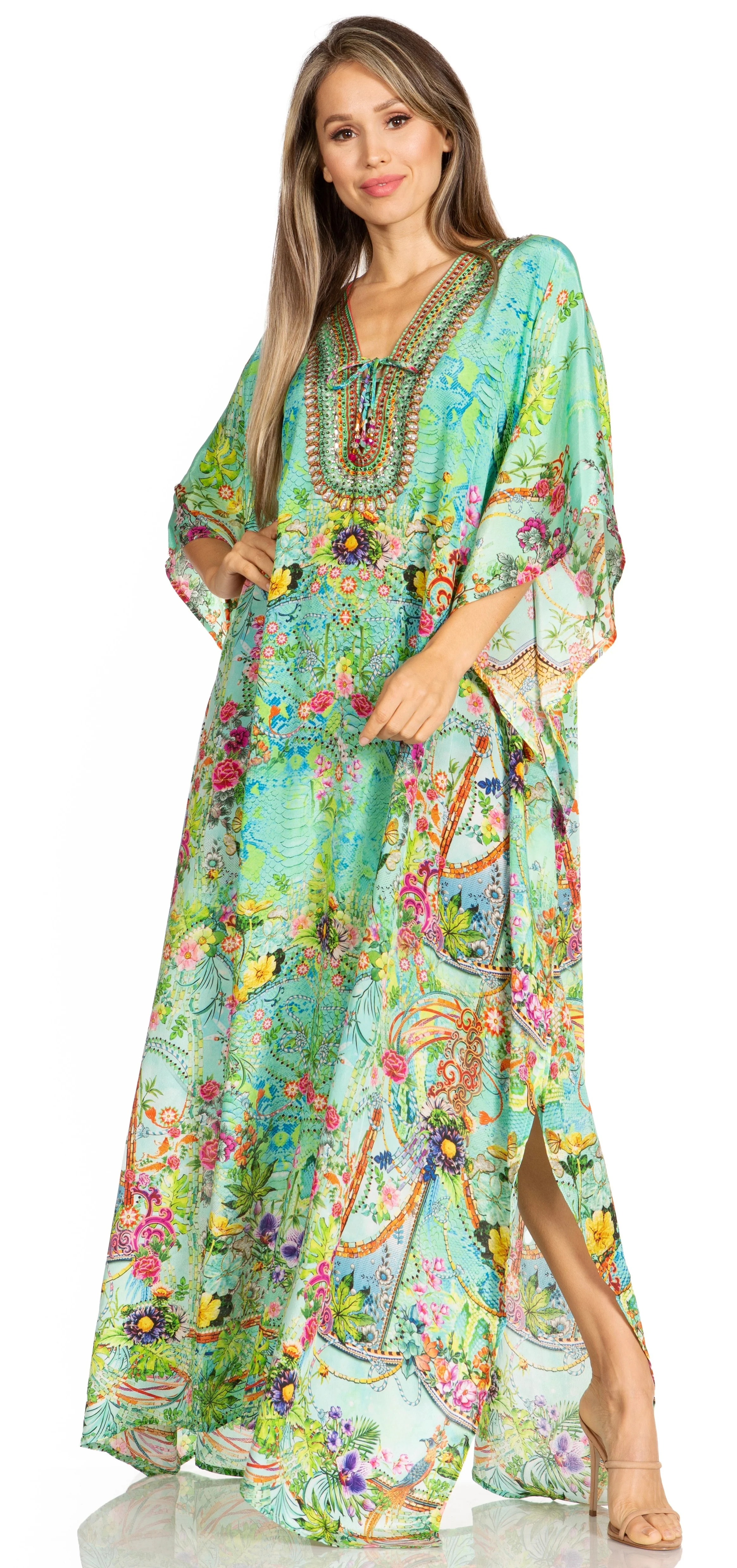 Sakkas Yeni Women's Short Sleeve V-neck Summer Floral Long Caftan Dress Cover-up - Image 154
