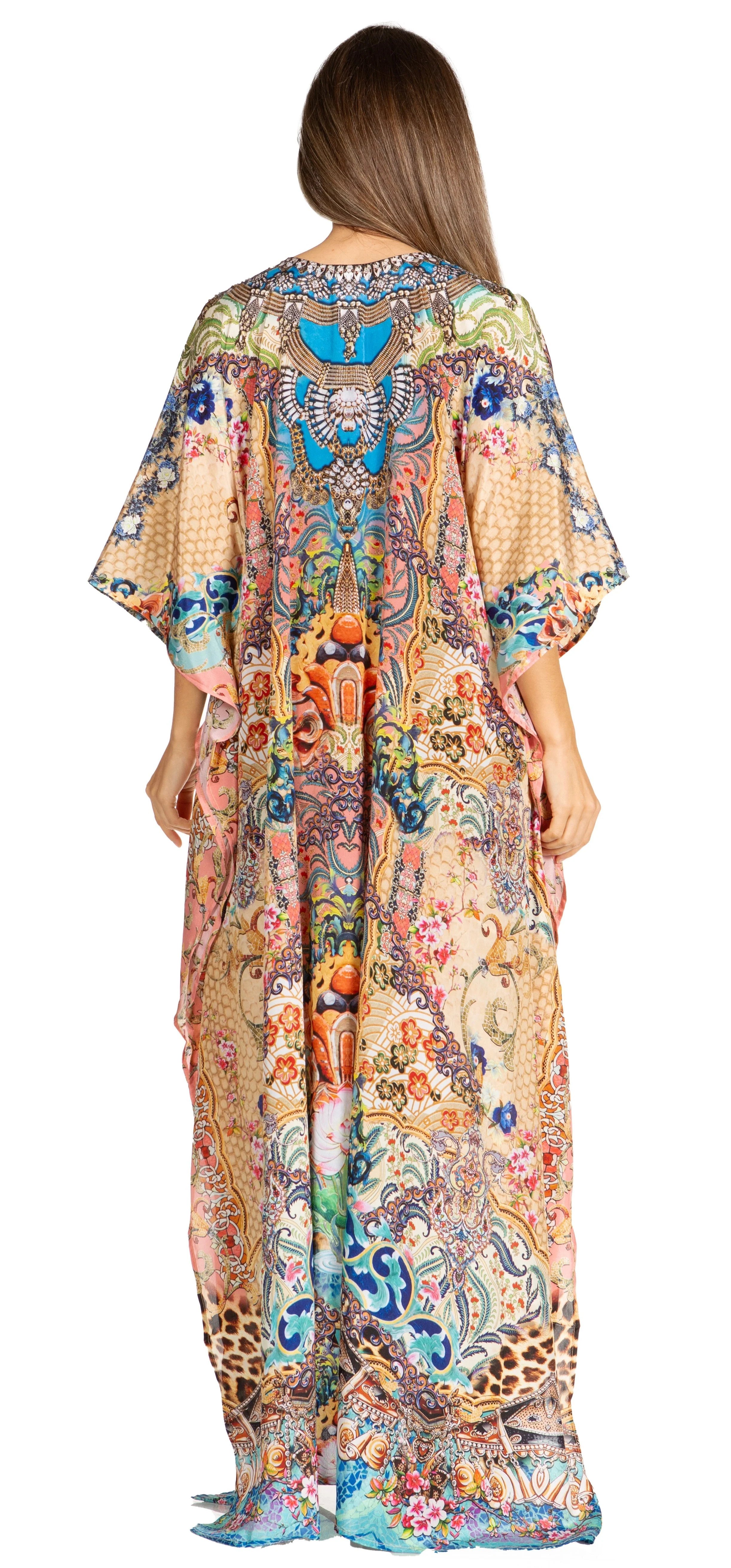 Sakkas Yeni Women's Short Sleeve V-neck Summer Floral Long Caftan Dress Cover-up - Image 156