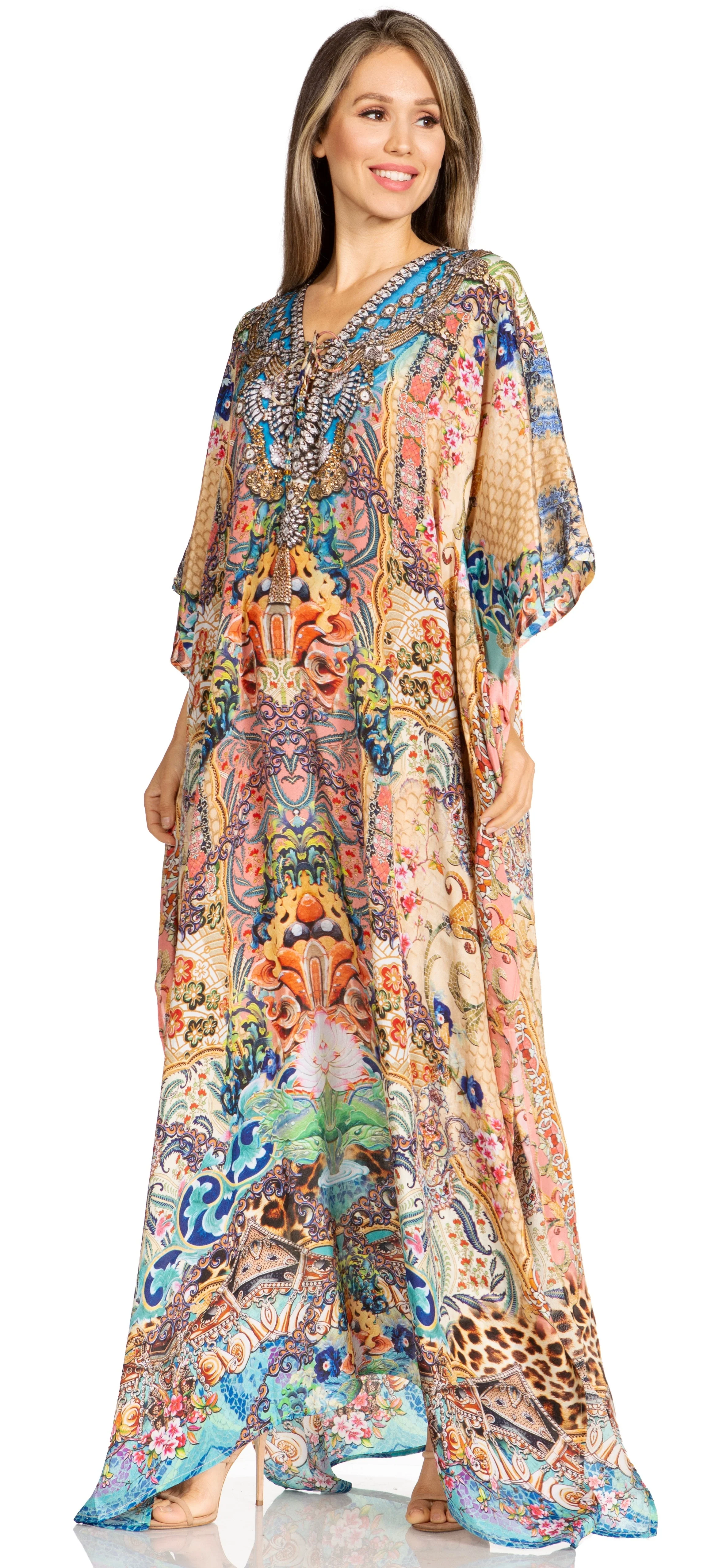Sakkas Yeni Women's Short Sleeve V-neck Summer Floral Long Caftan Dress Cover-up - Image 157