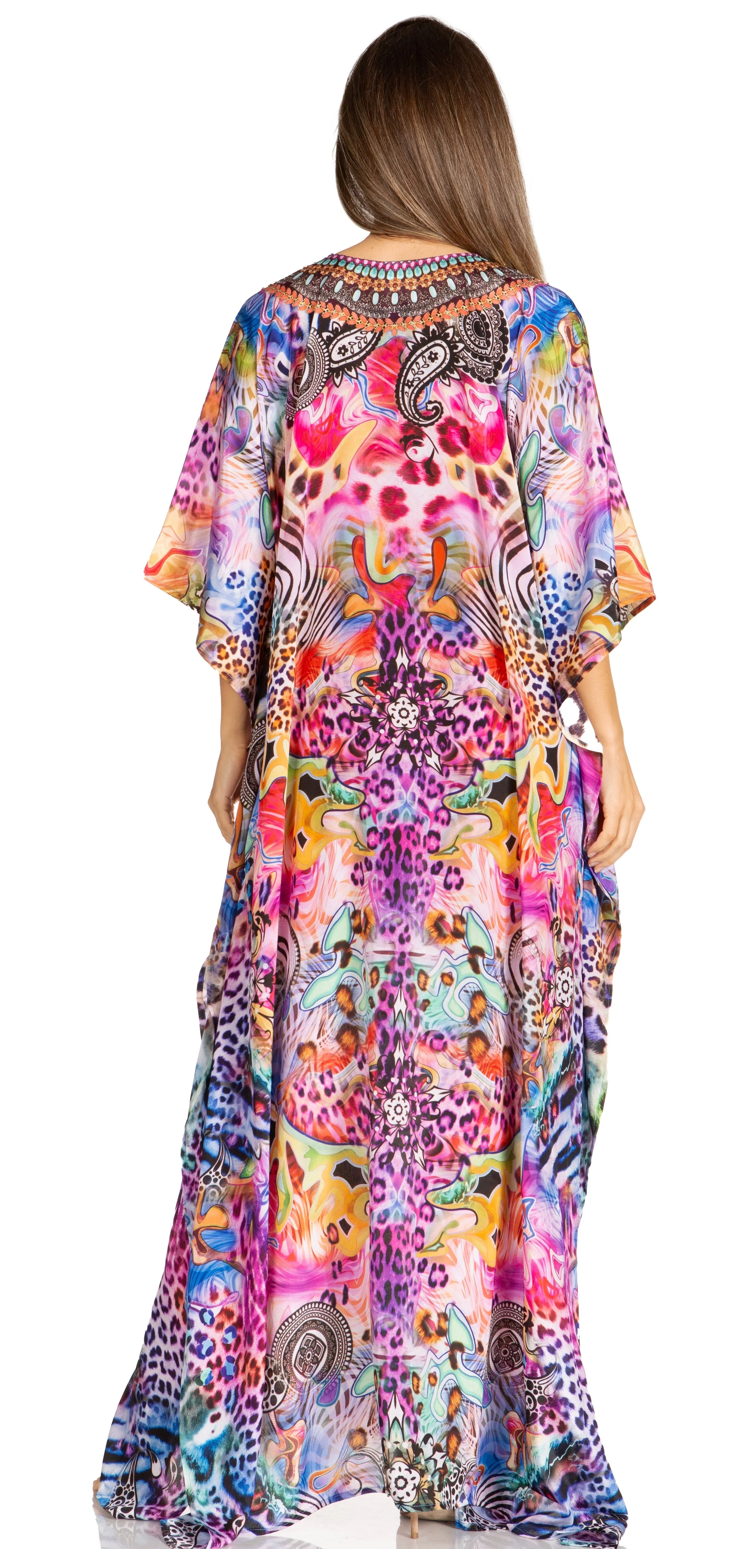 Sakkas Yeni Women's Short Sleeve V-neck Summer Floral Long Caftan Dress Cover-up - Image 161