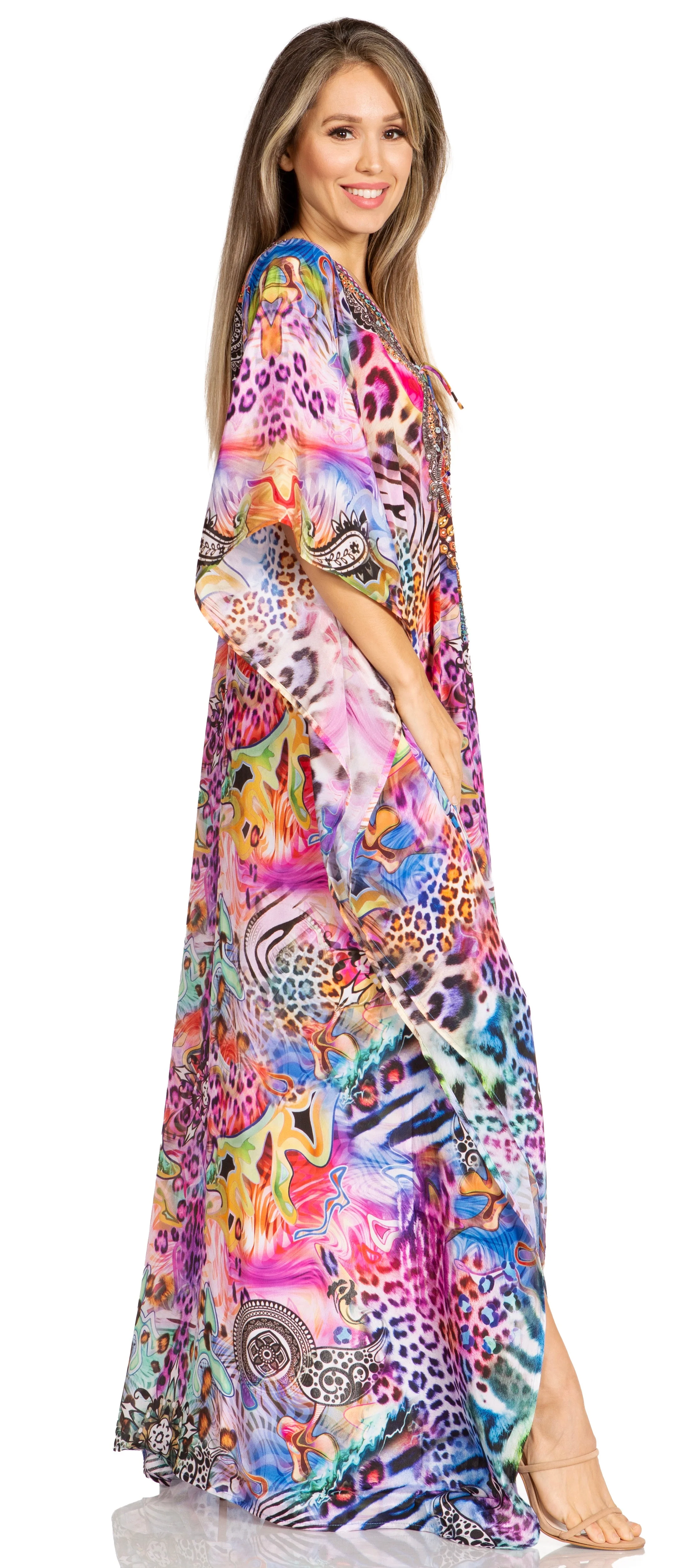 Sakkas Yeni Women's Short Sleeve V-neck Summer Floral Long Caftan Dress Cover-up - Image 163