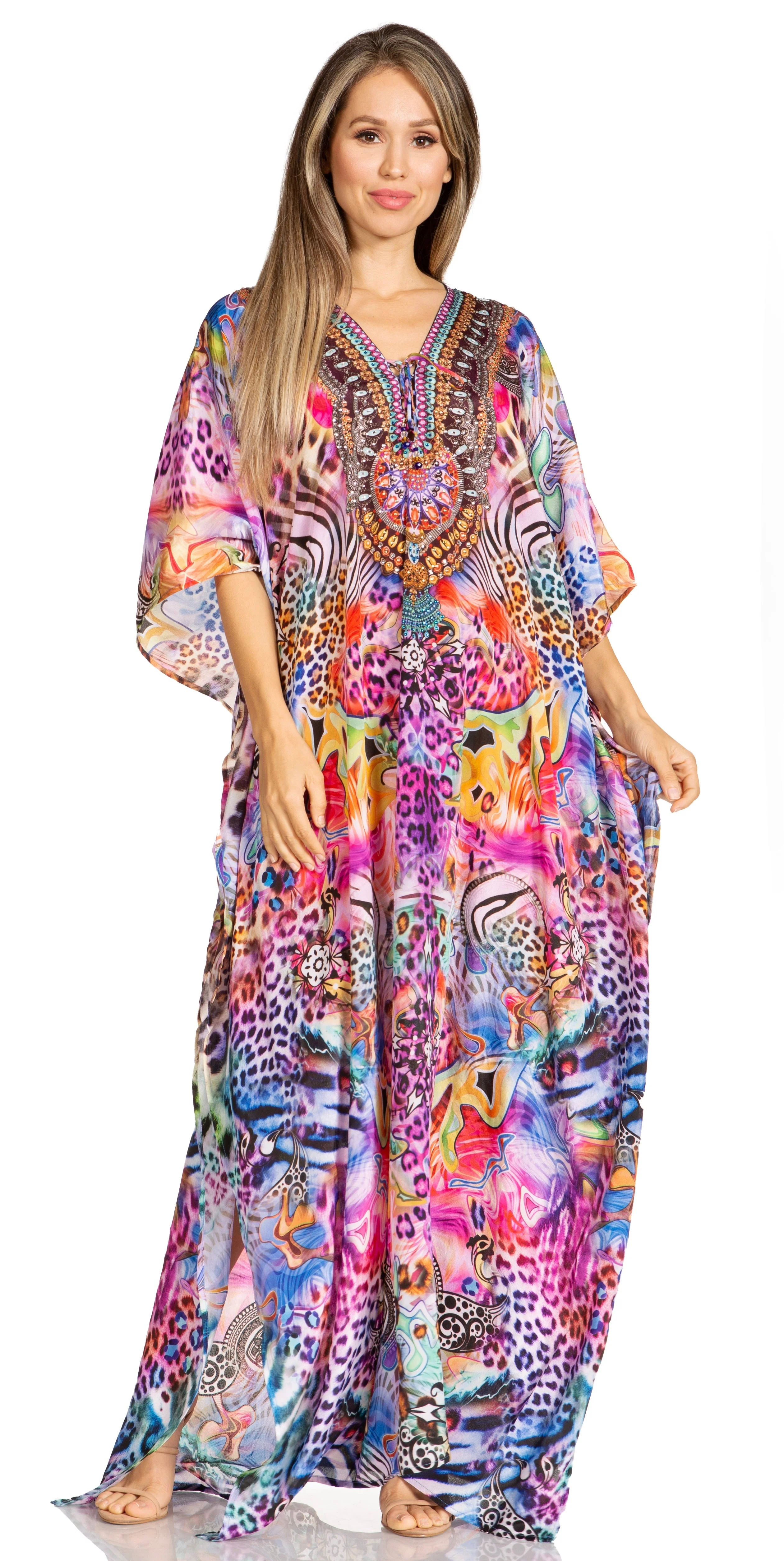 Sakkas Yeni Women's Short Sleeve V-neck Summer Floral Long Caftan Dress Cover-up - Image 164