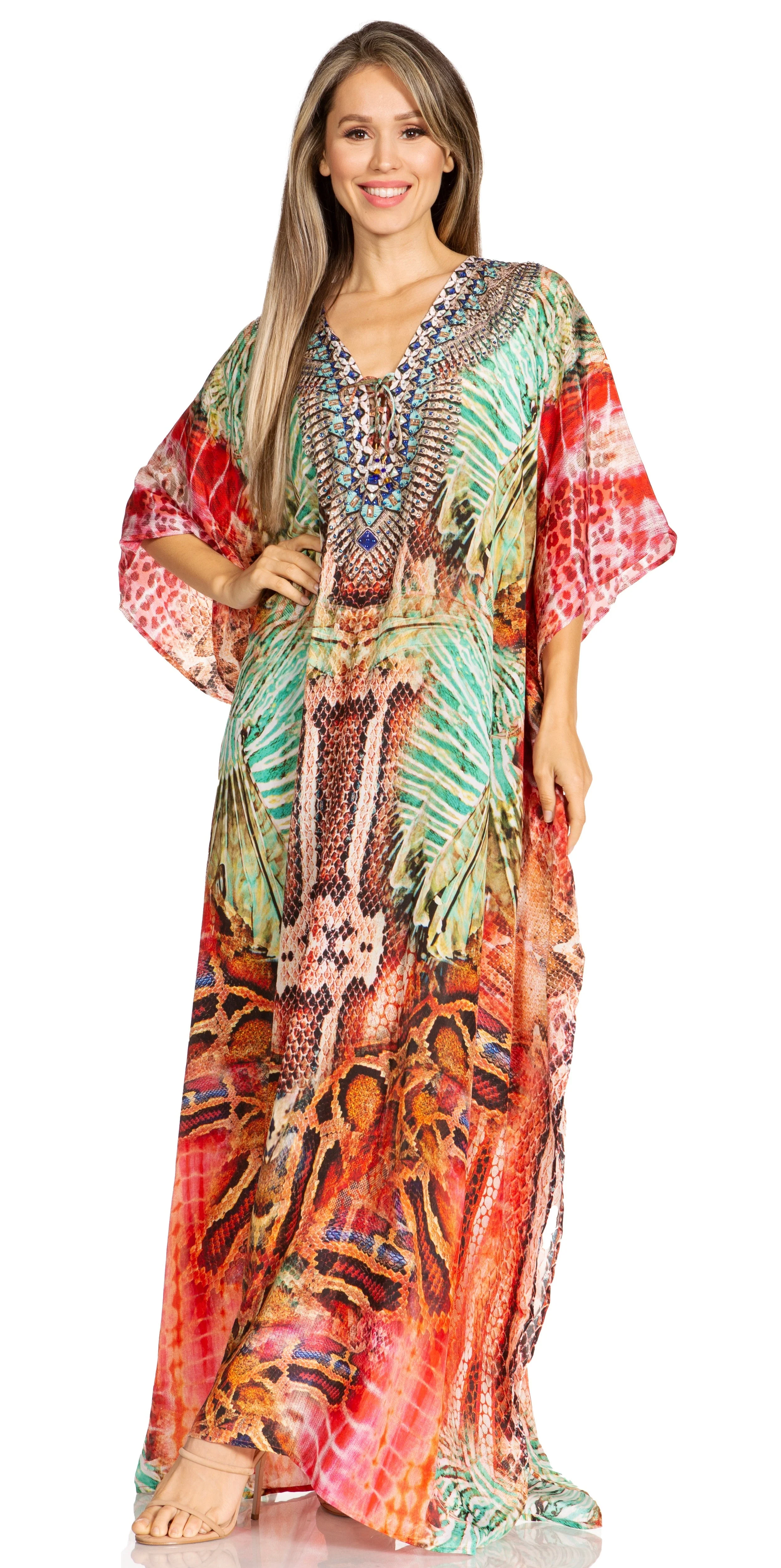 Sakkas Yeni Women's Short Sleeve V-neck Summer Floral Long Caftan Dress Cover-up - Image 165