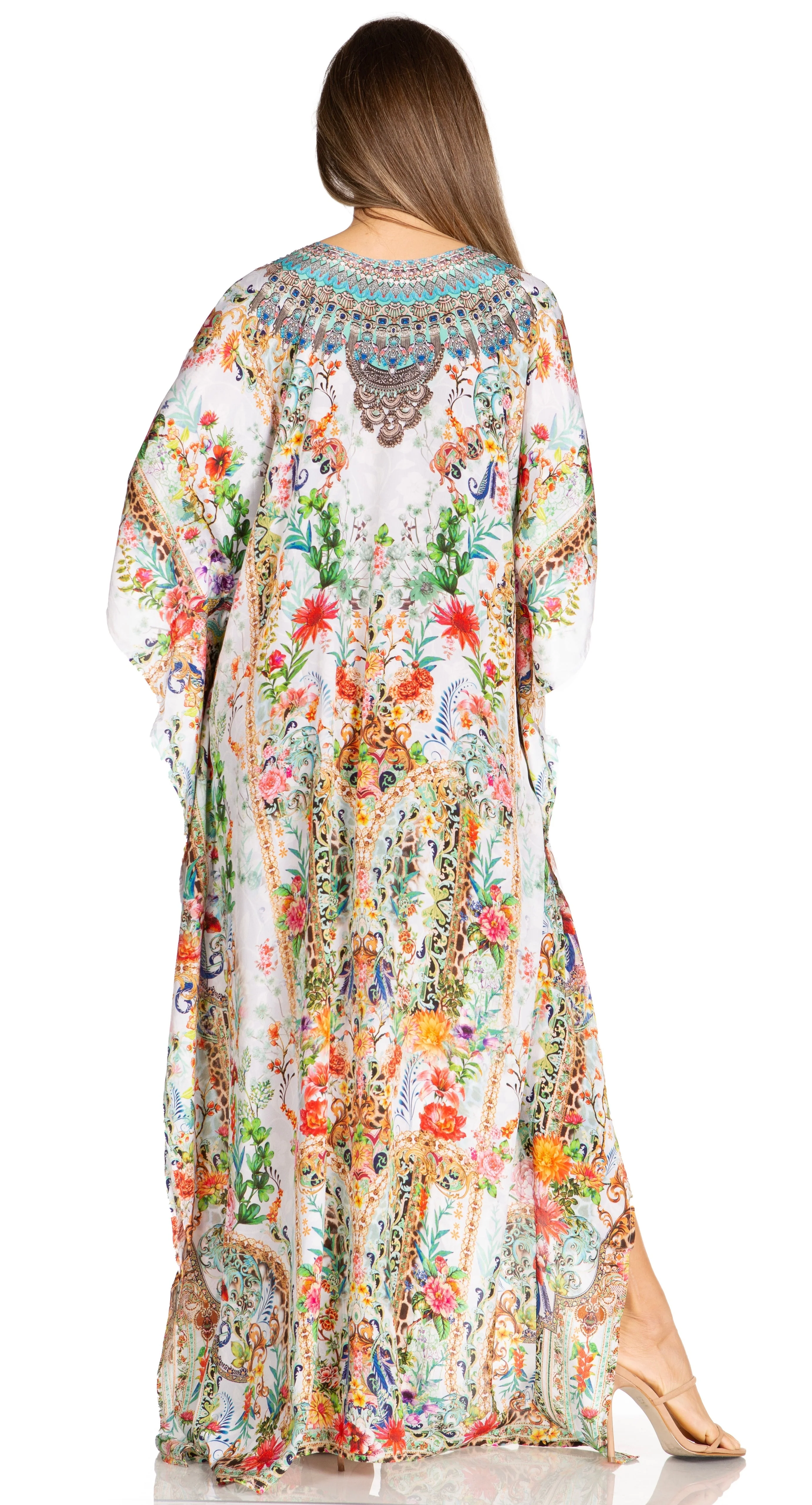 Sakkas Yeni Women's Short Sleeve V-neck Summer Floral Long Caftan Dress Cover-up - Image 171