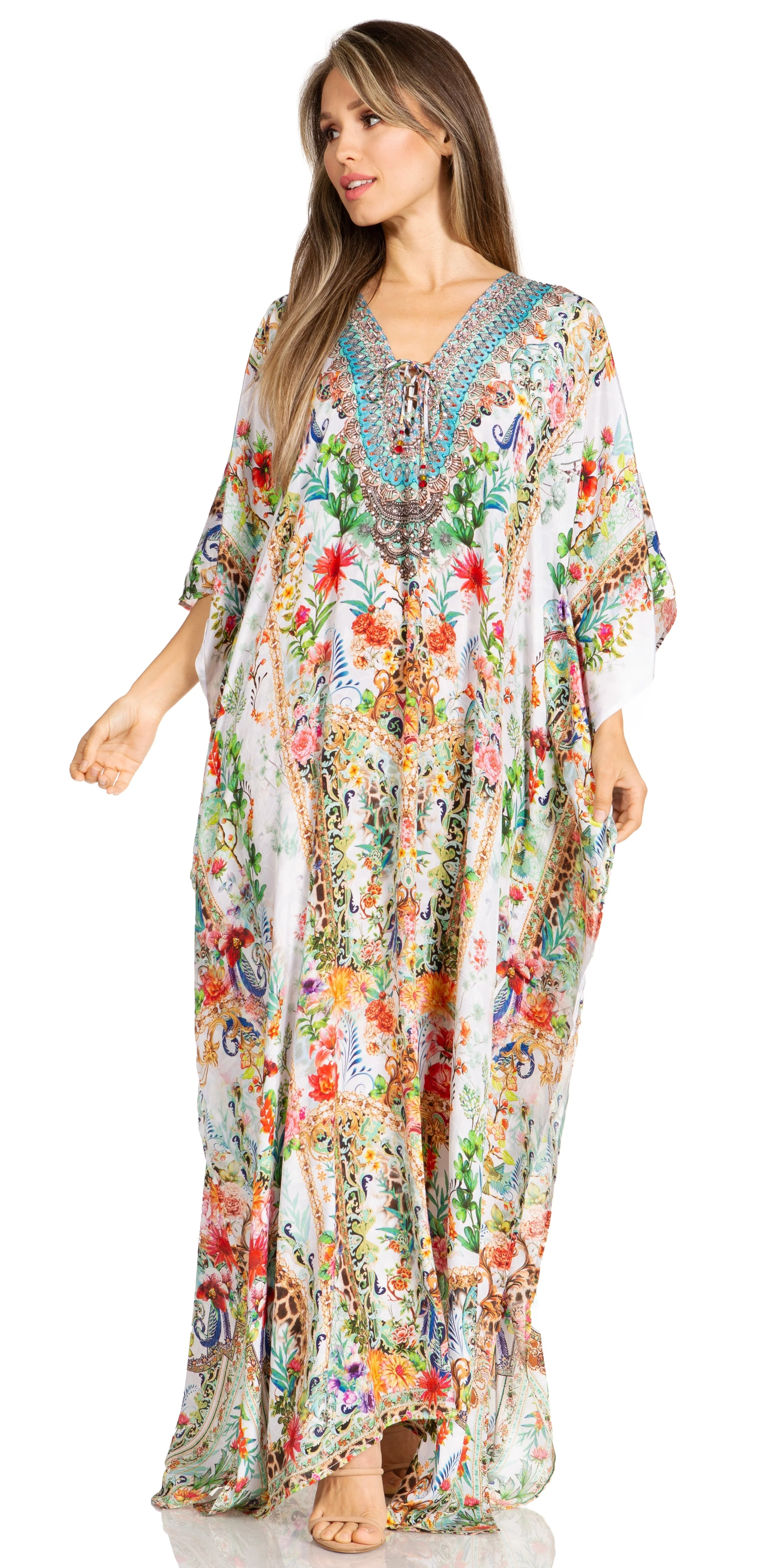 Sakkas Yeni Women's Short Sleeve V-neck Summer Floral Long Caftan Dress Cover-up - Image 174