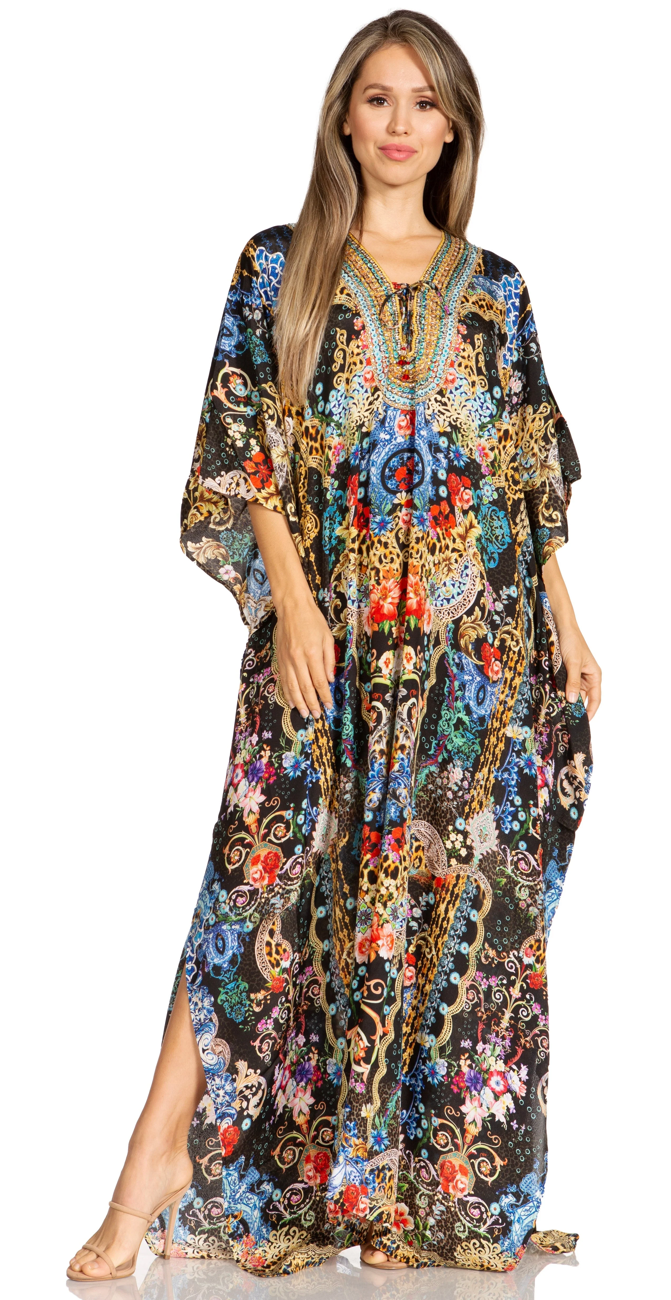 Sakkas Yeni Women's Short Sleeve V-neck Summer Floral Long Caftan Dress Cover-up - Image 179