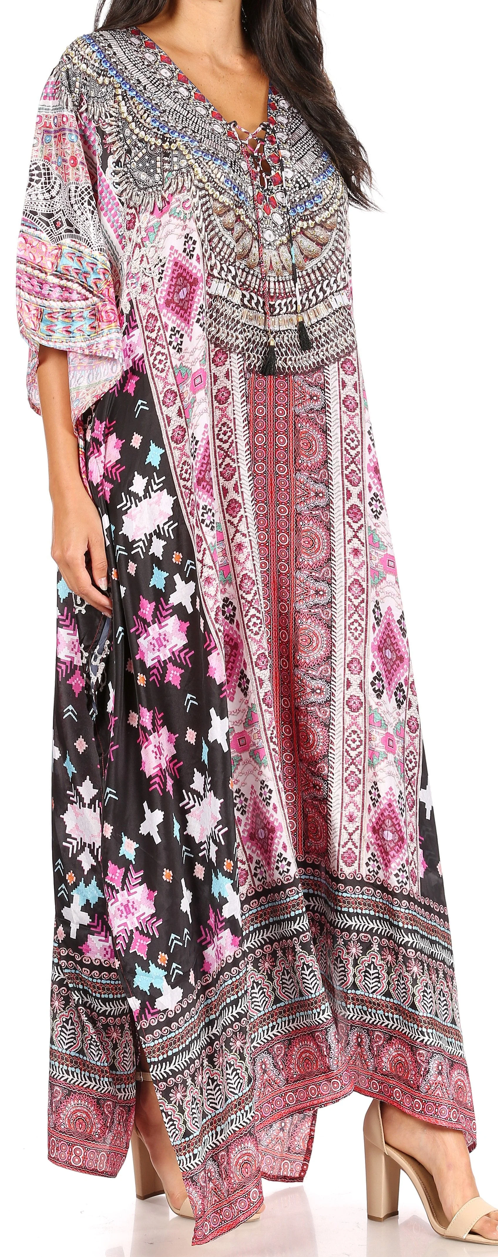 Sakkas Yeni Women's Short Sleeve V-neck Summer Floral Long Caftan Dress Cover-up - Image 18
