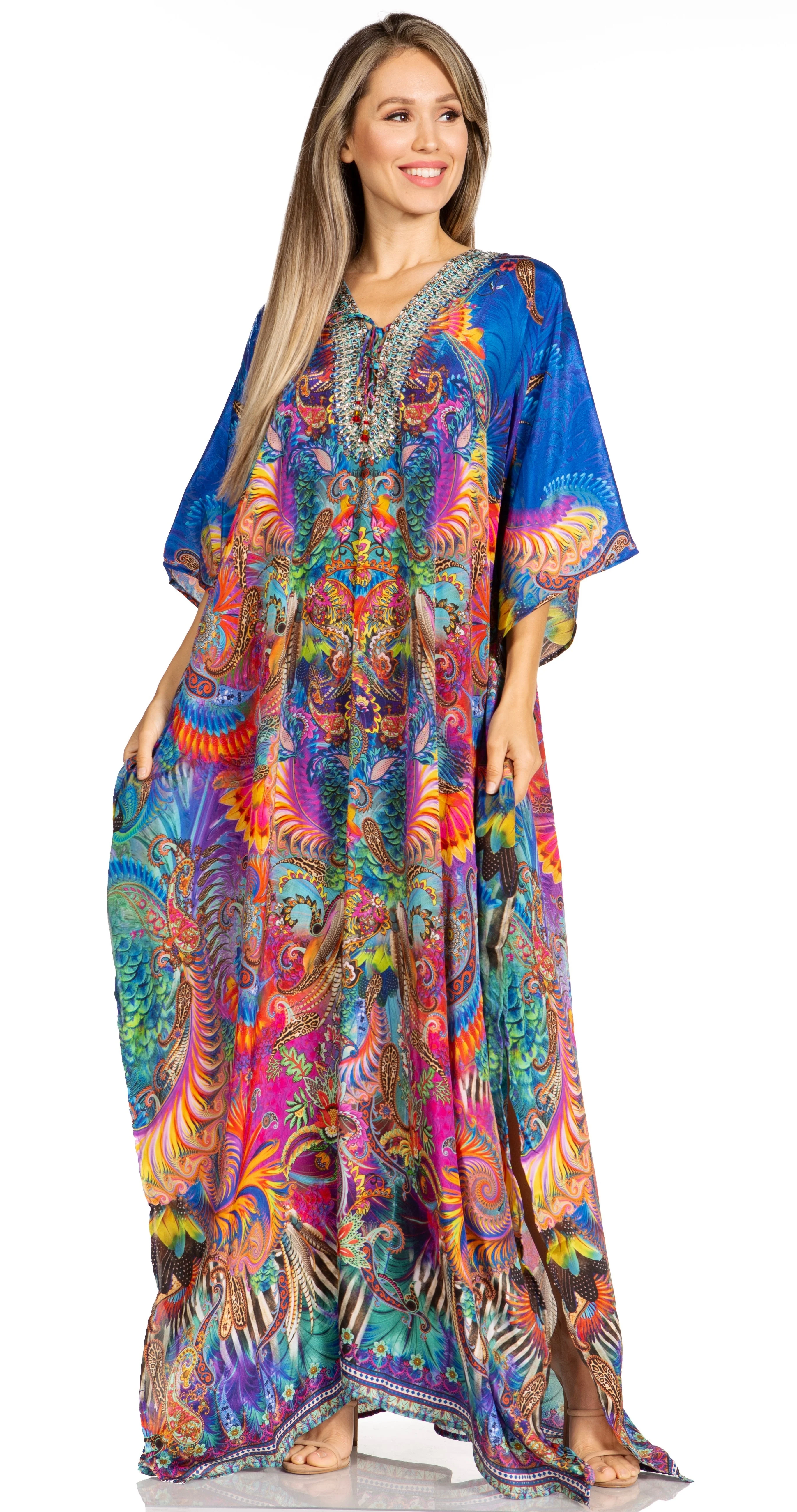 Sakkas Yeni Women's Short Sleeve V-neck Summer Floral Long Caftan Dress Cover-up - Image 180