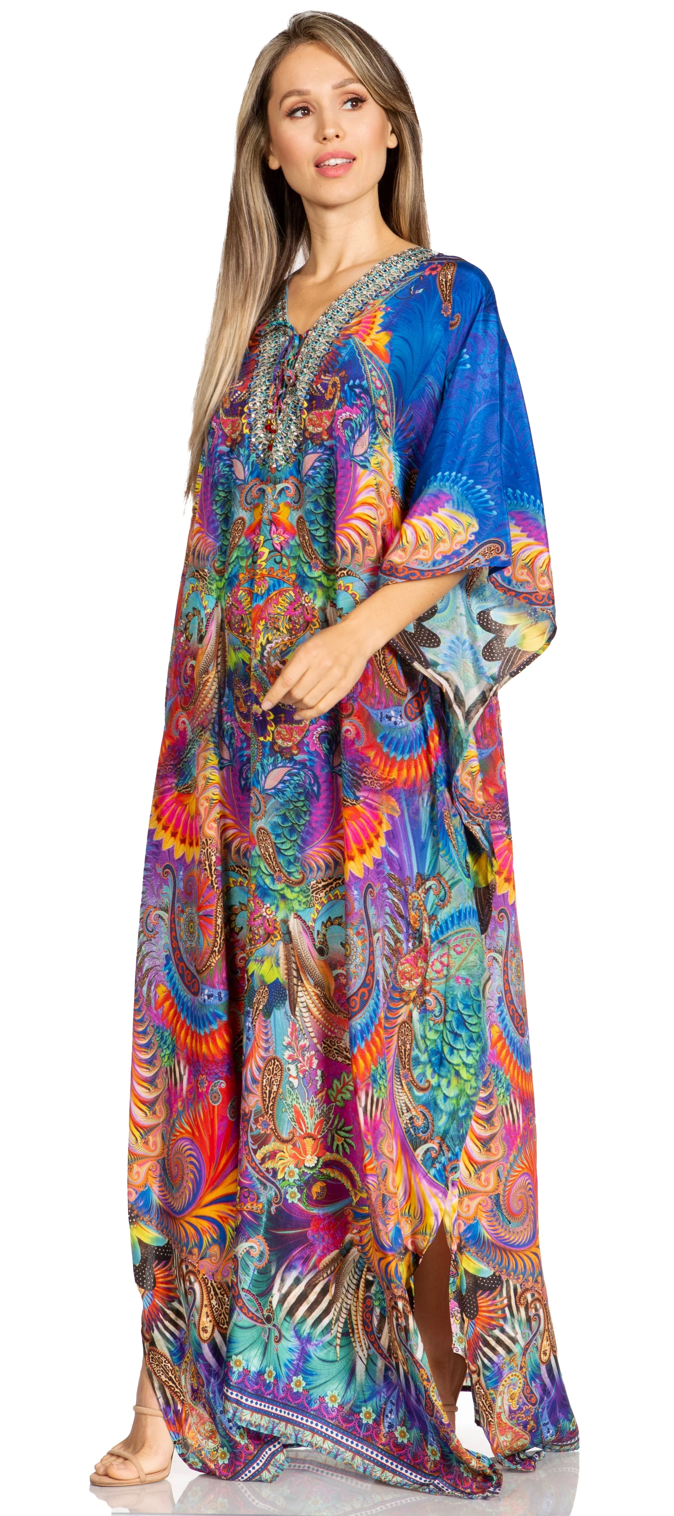 Sakkas Yeni Women's Short Sleeve V-neck Summer Floral Long Caftan Dress Cover-up - Image 182