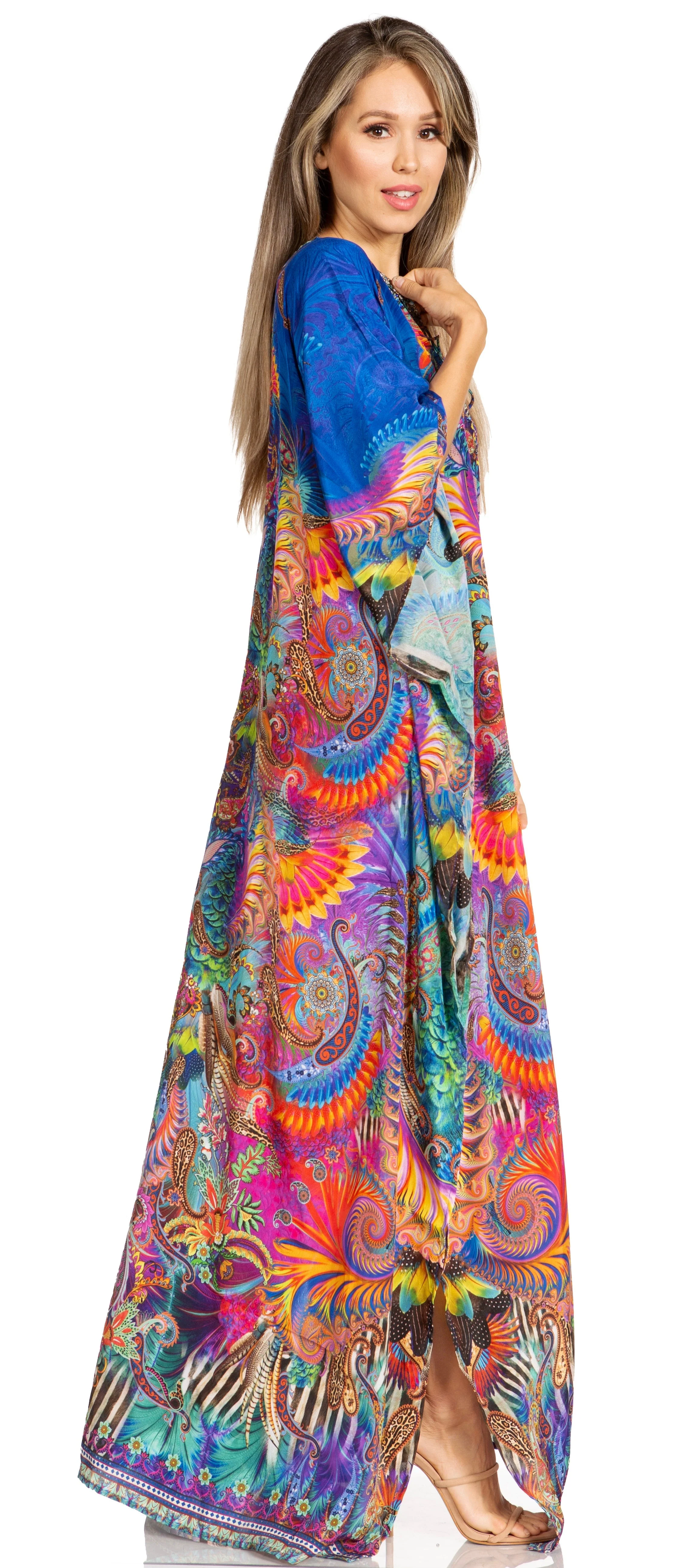 Sakkas Yeni Women's Short Sleeve V-neck Summer Floral Long Caftan Dress Cover-up - Image 183