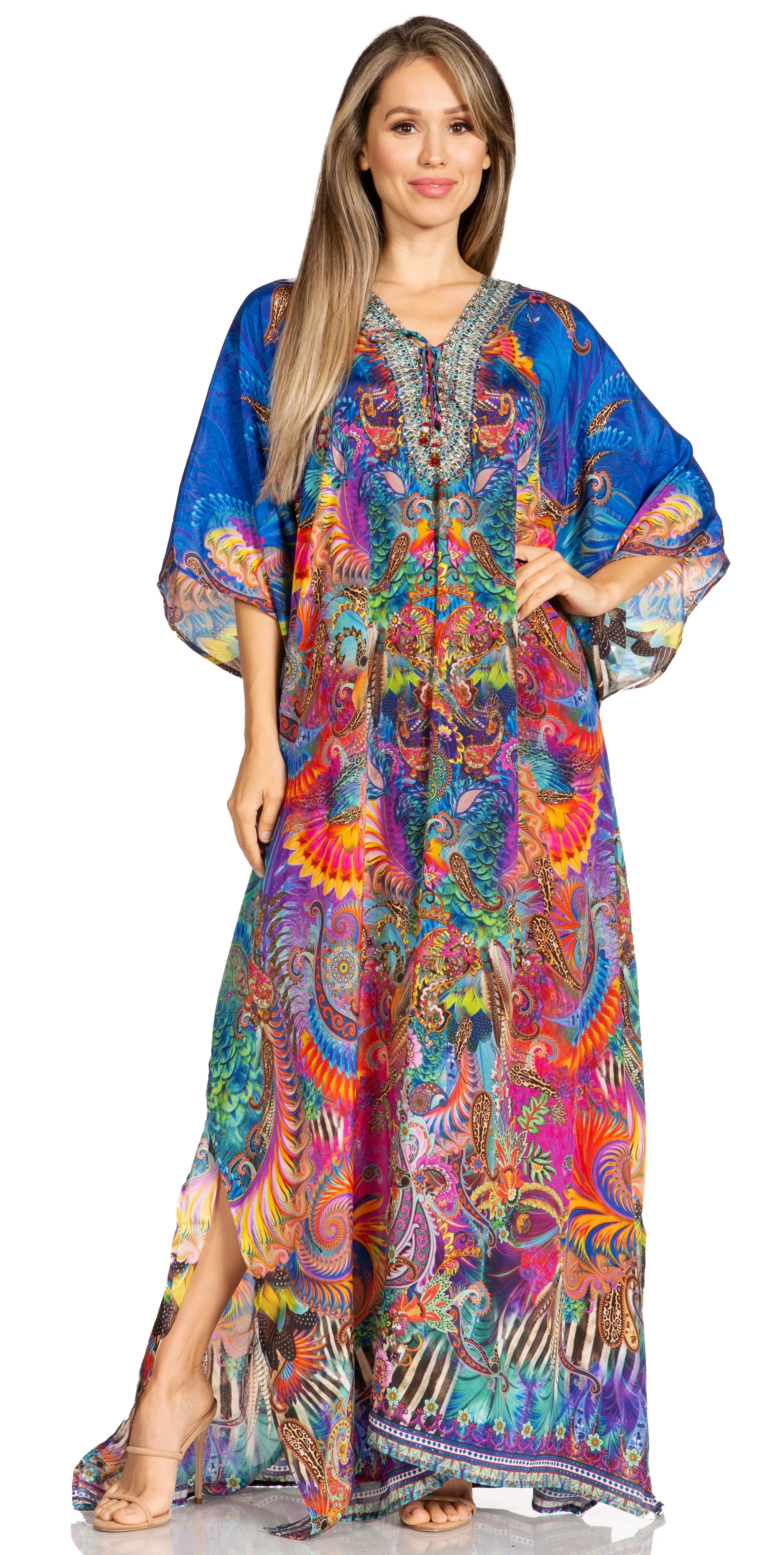Sakkas Yeni Women's Short Sleeve V-neck Summer Floral Long Caftan Dress Cover-up - Image 184