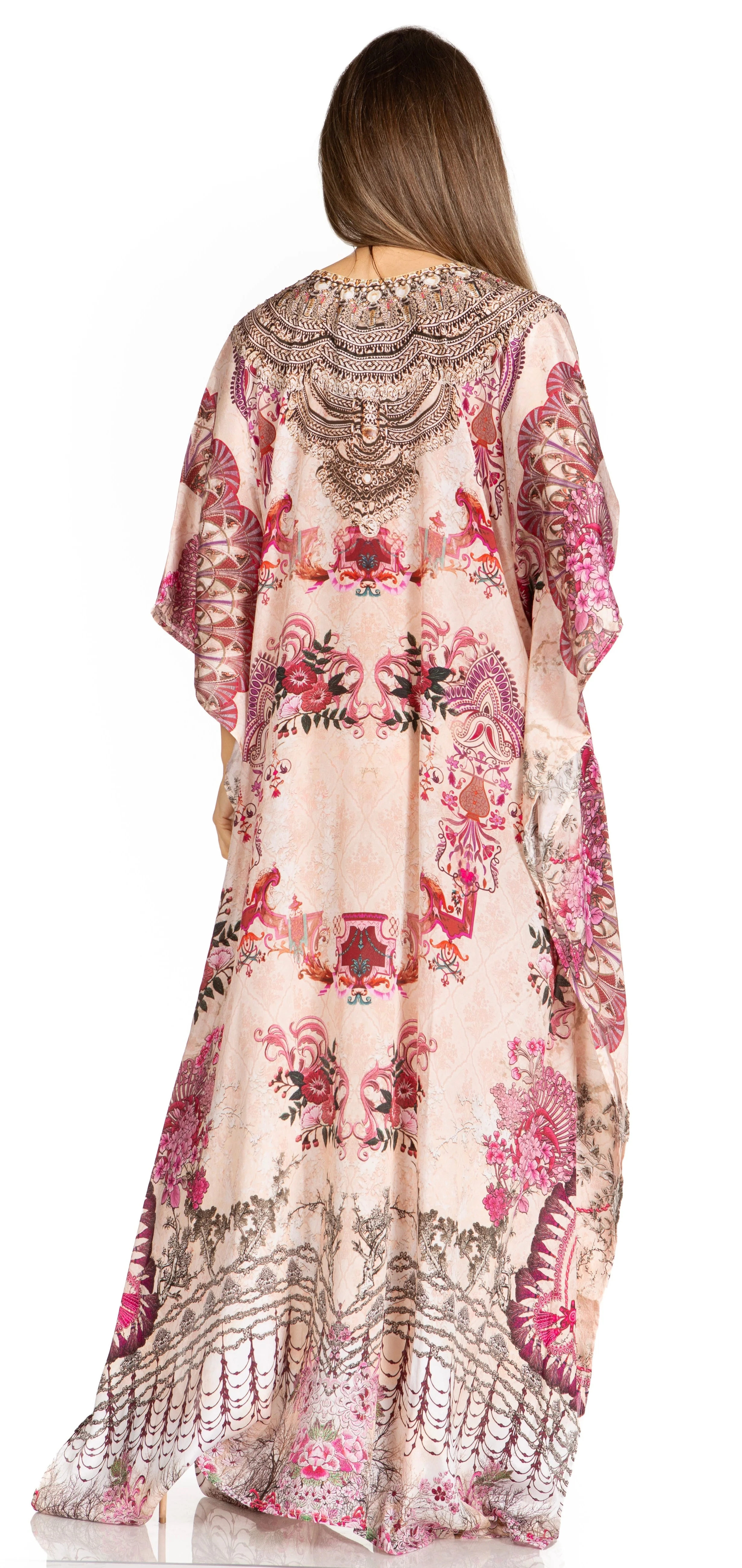 Sakkas Yeni Women's Short Sleeve V-neck Summer Floral Long Caftan Dress Cover-up - Image 186