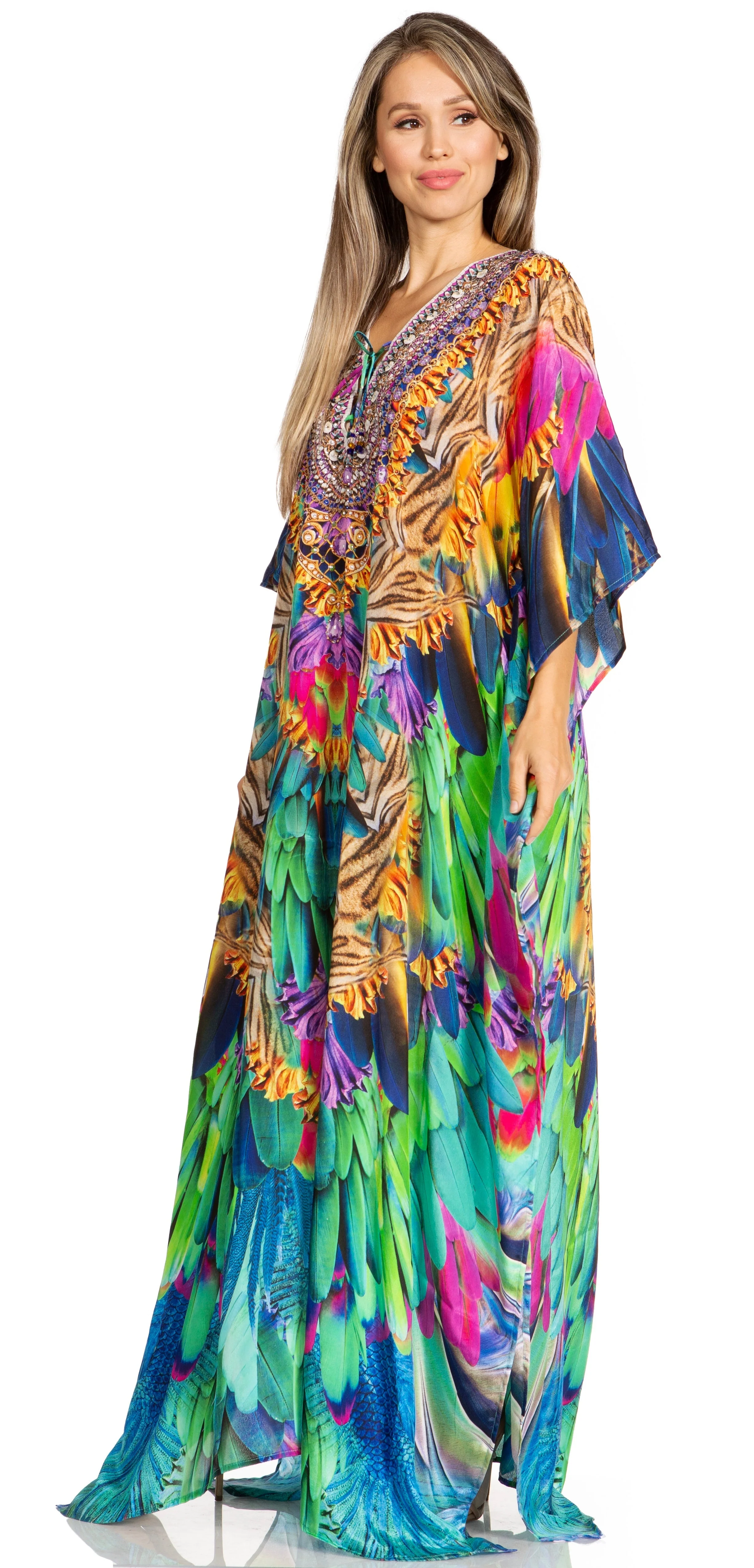 Sakkas Yeni Women's Short Sleeve V-neck Summer Floral Long Caftan Dress Cover-up - Image 192