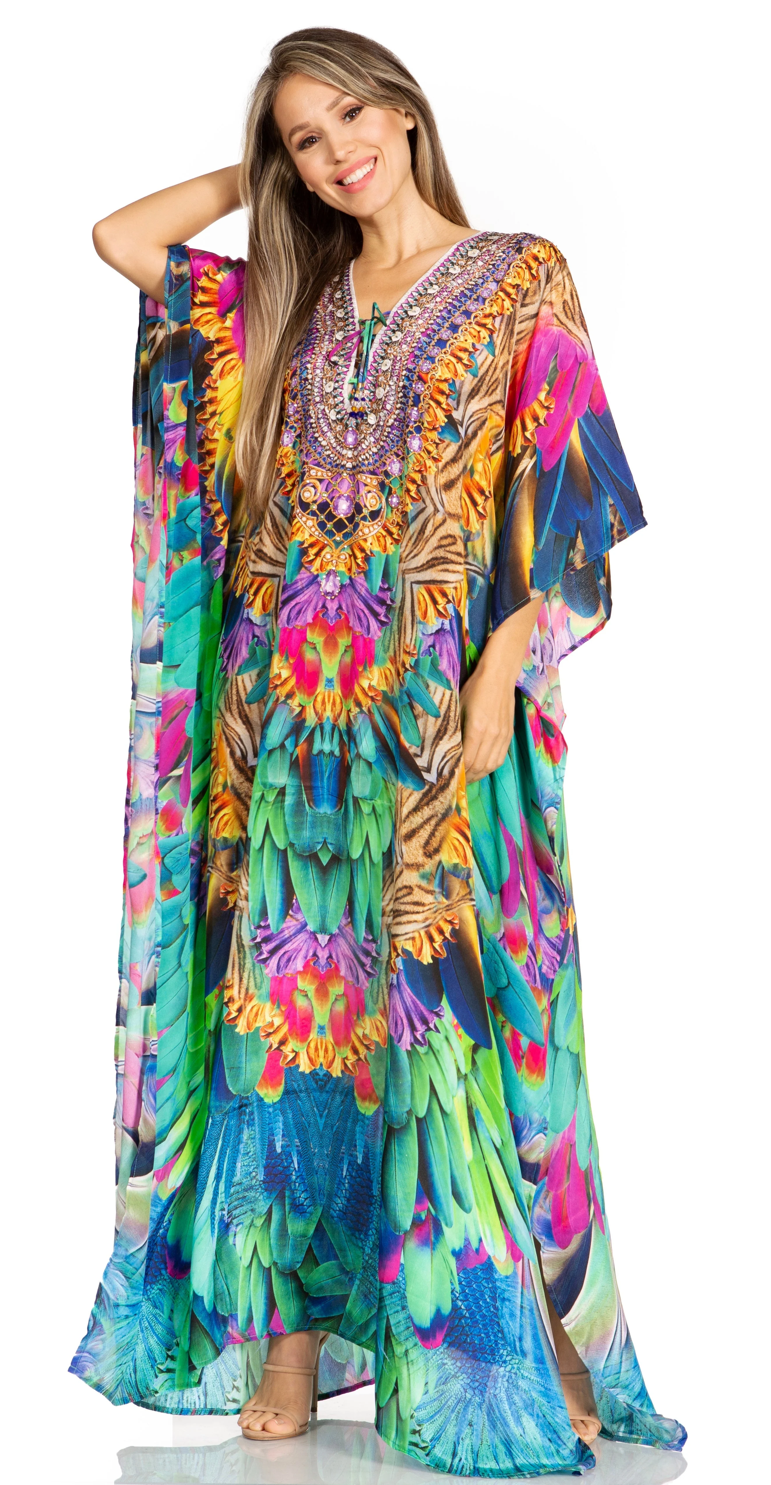 Sakkas Yeni Women's Short Sleeve V-neck Summer Floral Long Caftan Dress Cover-up - Image 194