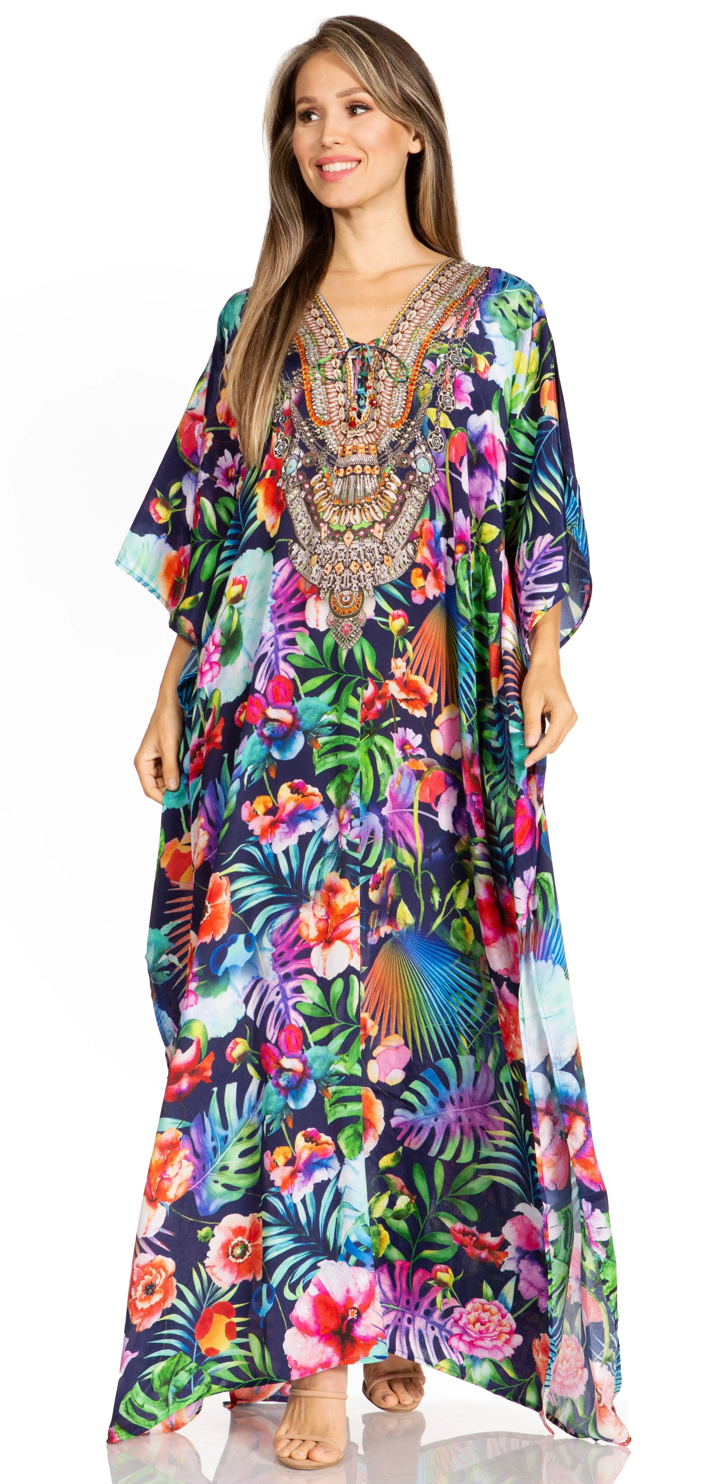 Sakkas Yeni Women's Short Sleeve V-neck Summer Floral Long Caftan Dress Cover-up - Image 195